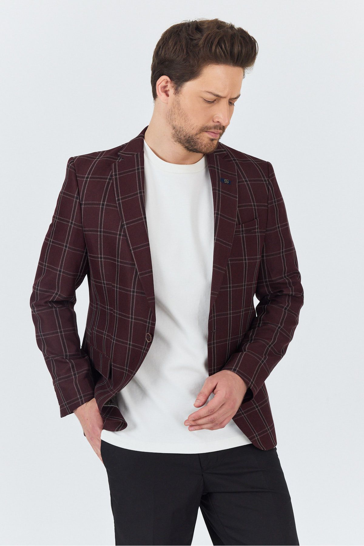 Frappoli-Sarmue Men's Burgundy Plaid Check Cotton Polyester Fabric Slim Fit Slim Fit Sports Blazer Jacket 6
