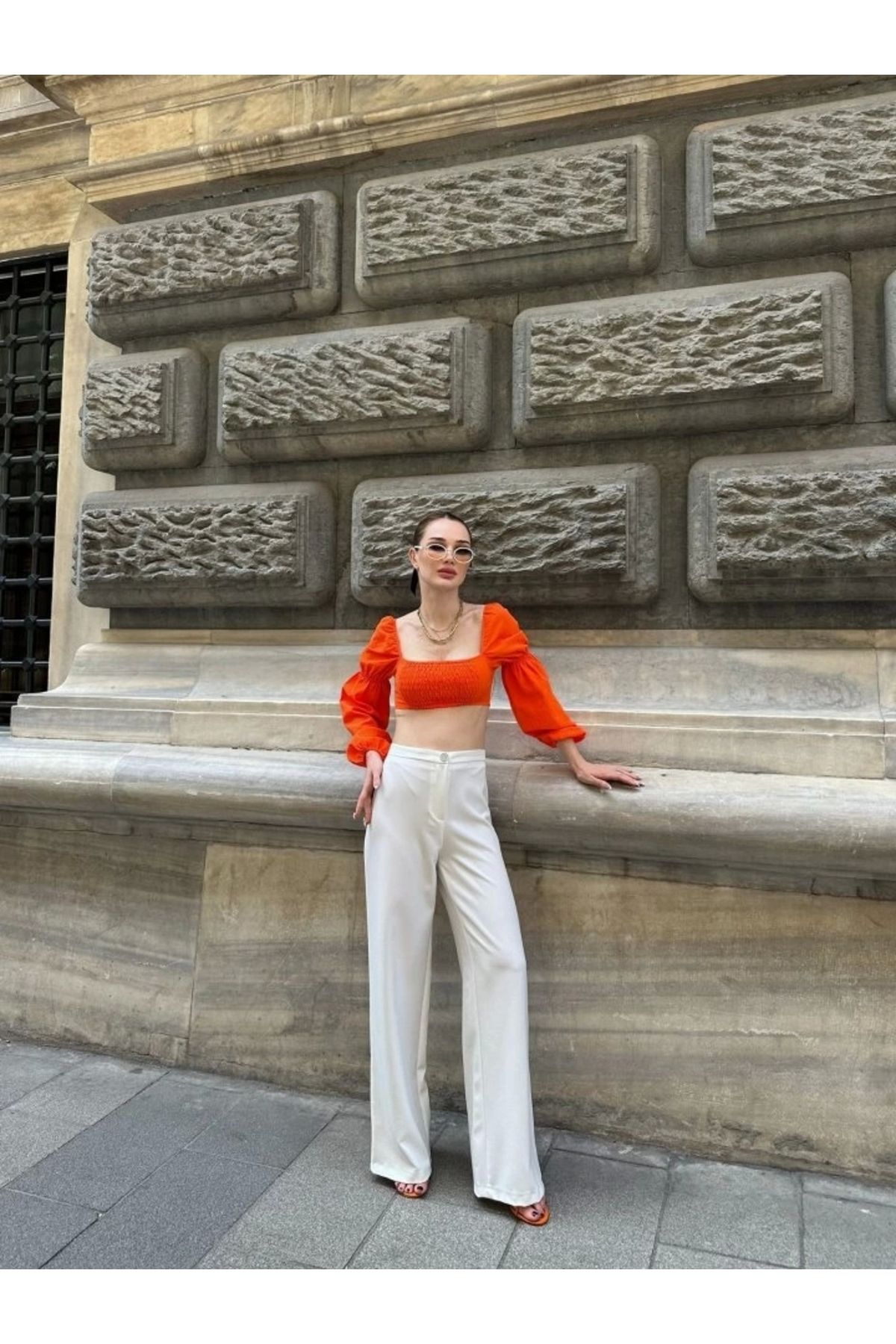 MODA Yüksek Bel Palazzo Metal Düğme Pantolon
