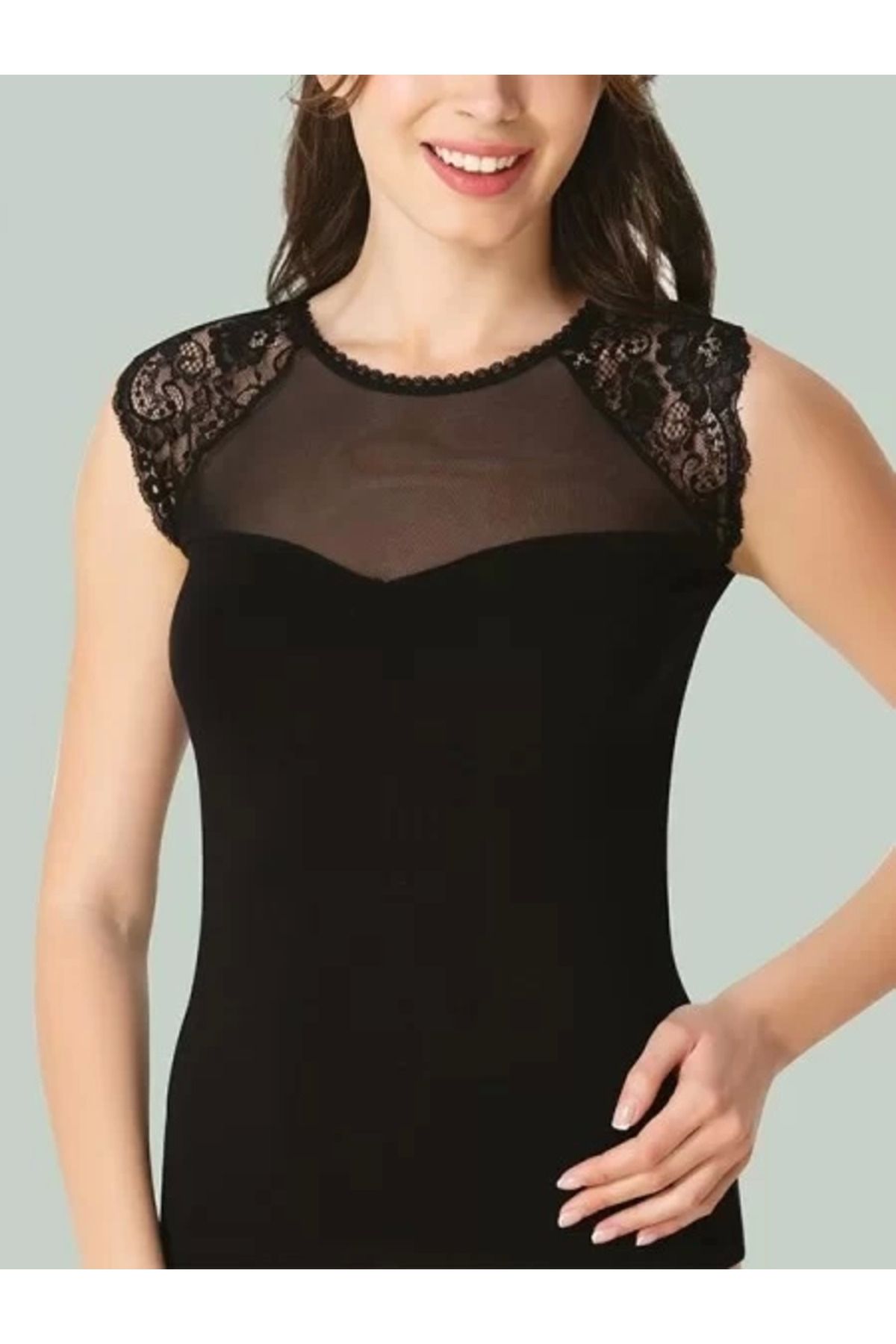Moda Şahsenem 1270 Kolsuz Önü Tül Dantelli Atlet