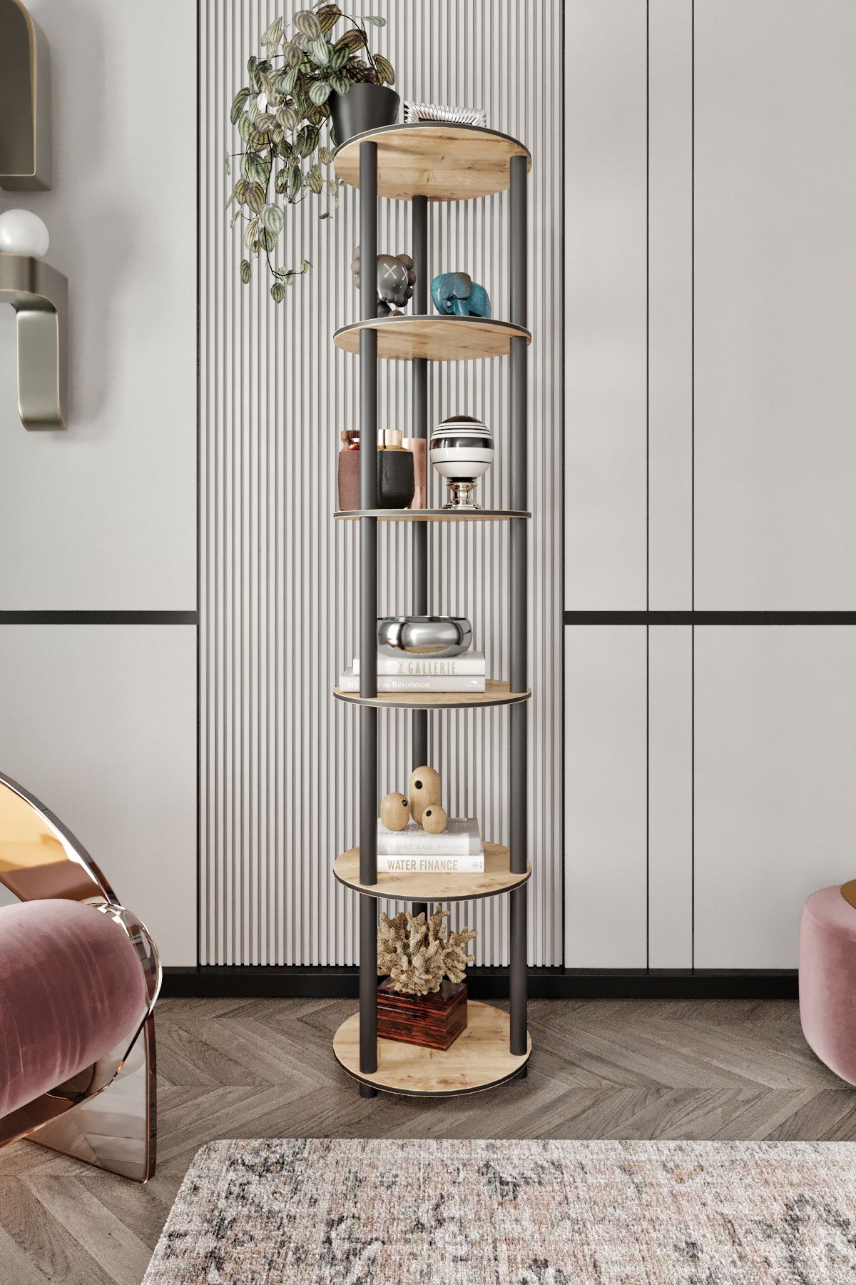 RC HOME Dekoratif 6 Raflı Yuvarlak Kitaplık