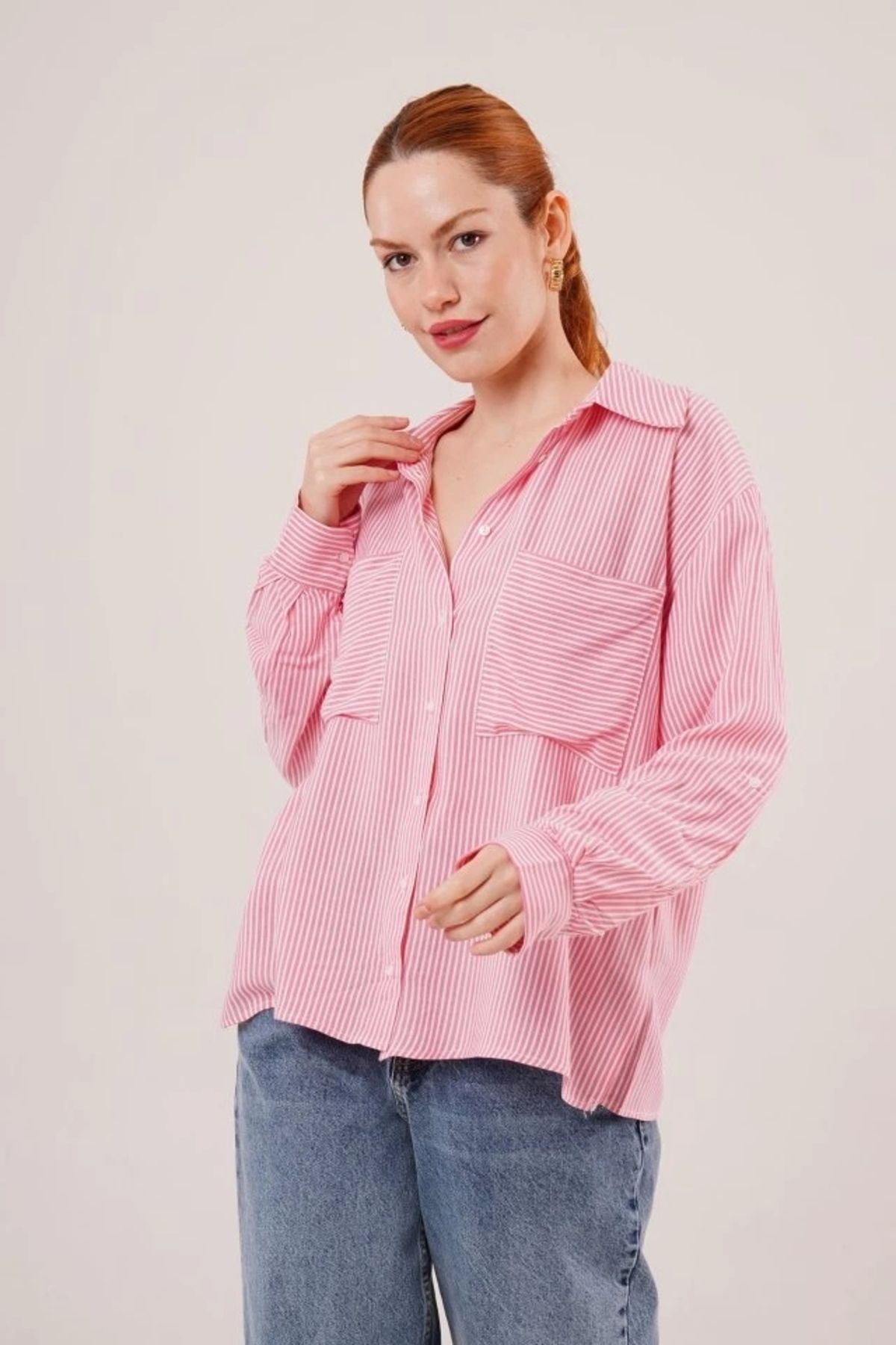 MODA Yarasa Kol Çizgili Cep Detaylı Pembe Gömlek