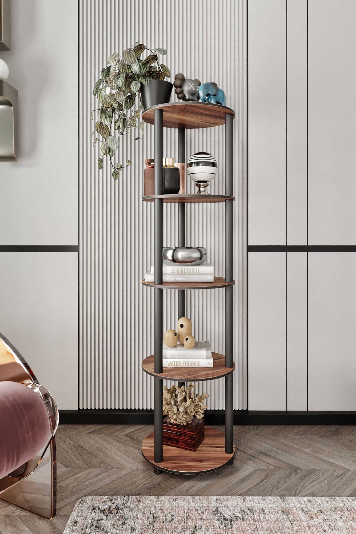 RC HOME Dekoratif 5 Raflı Yuvarlak Kitaplık