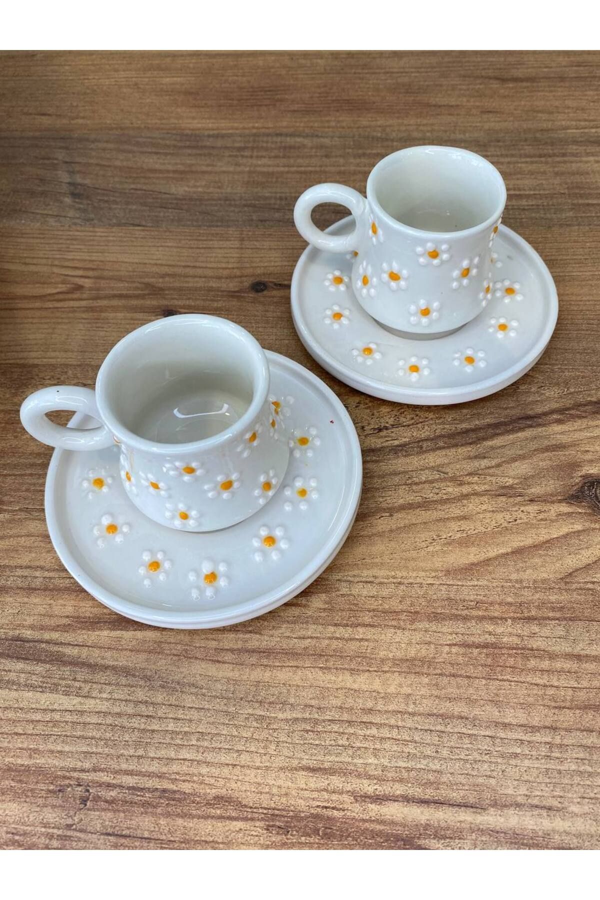 ColorCraft Papatya Desenli Türk kahvesi Fincan takımı 2 kişilik El yapımı işlemeli