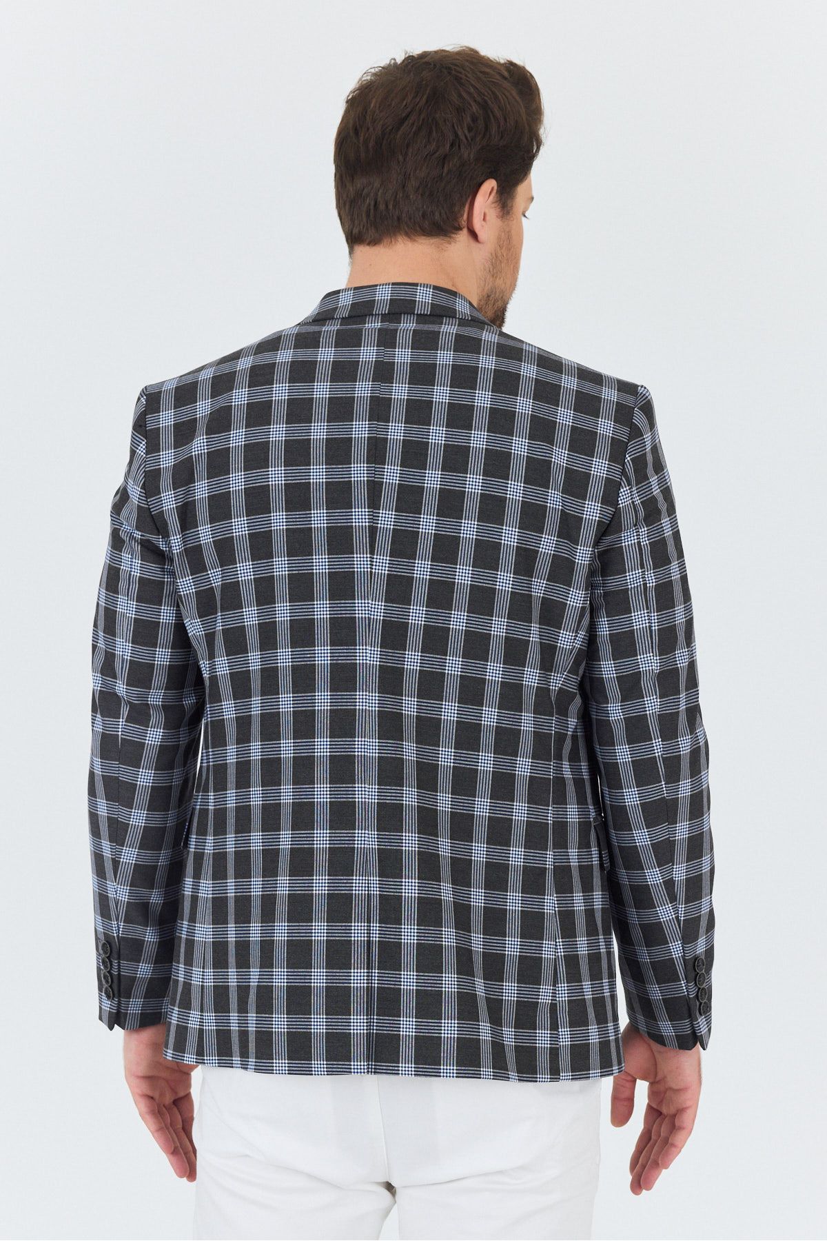 Frappoli-Riccardo Men's Anthracite Plaid Checked Polyviscon Fabric Slim Fit Sports Blazer Jacket 5