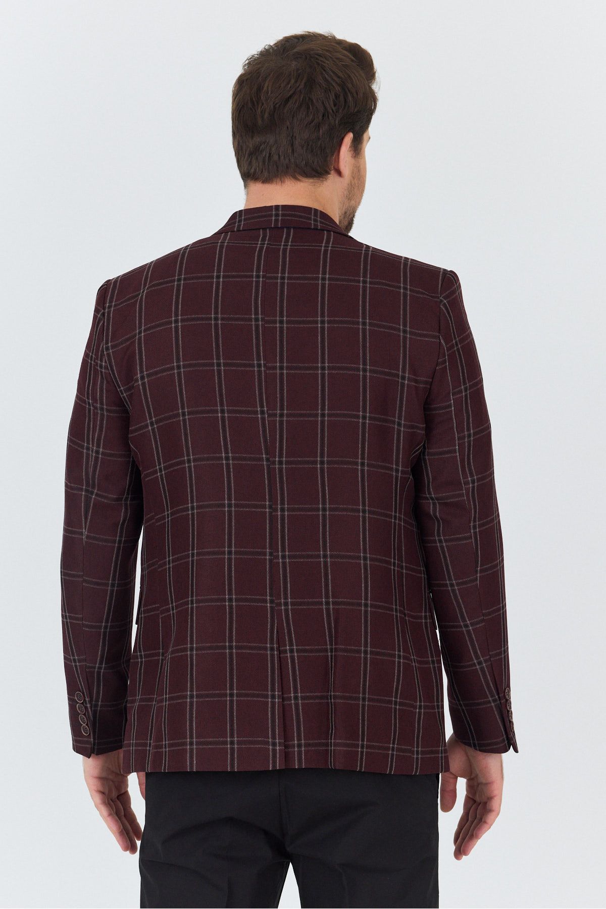 Frappoli-Sarmue Men's Burgundy Plaid Check Cotton Polyester Fabric Slim Fit Slim Fit Sports Blazer Jacket 7