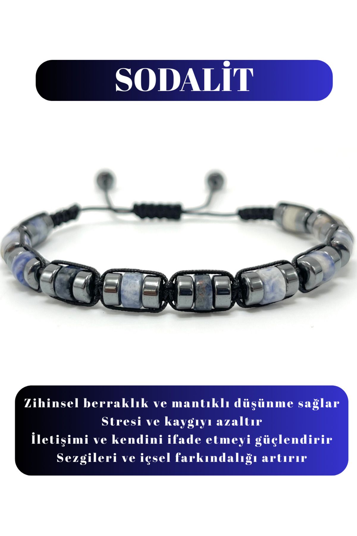 YILDIZ DOĞAL TAŞ Sertifikalı Sodalit Disk Model Doğal Taş Makrome Bileklik Ayarlanabilir Ölçü