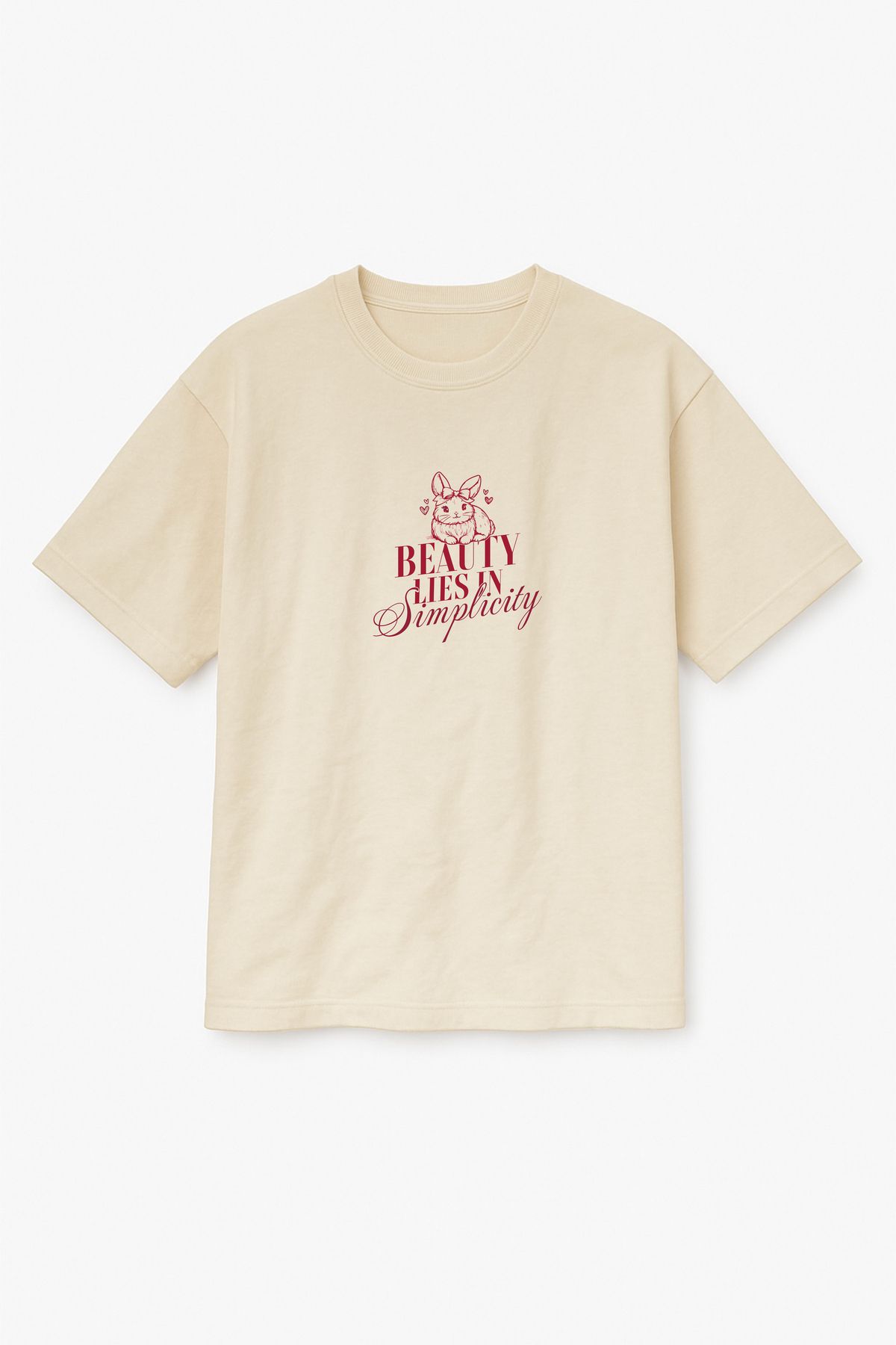 Altair Tr Bej Renk Oversize Beauty Lies İn The Simplicity Sevimli Tavşan Baskılı Unisex Tişört T-Shirt