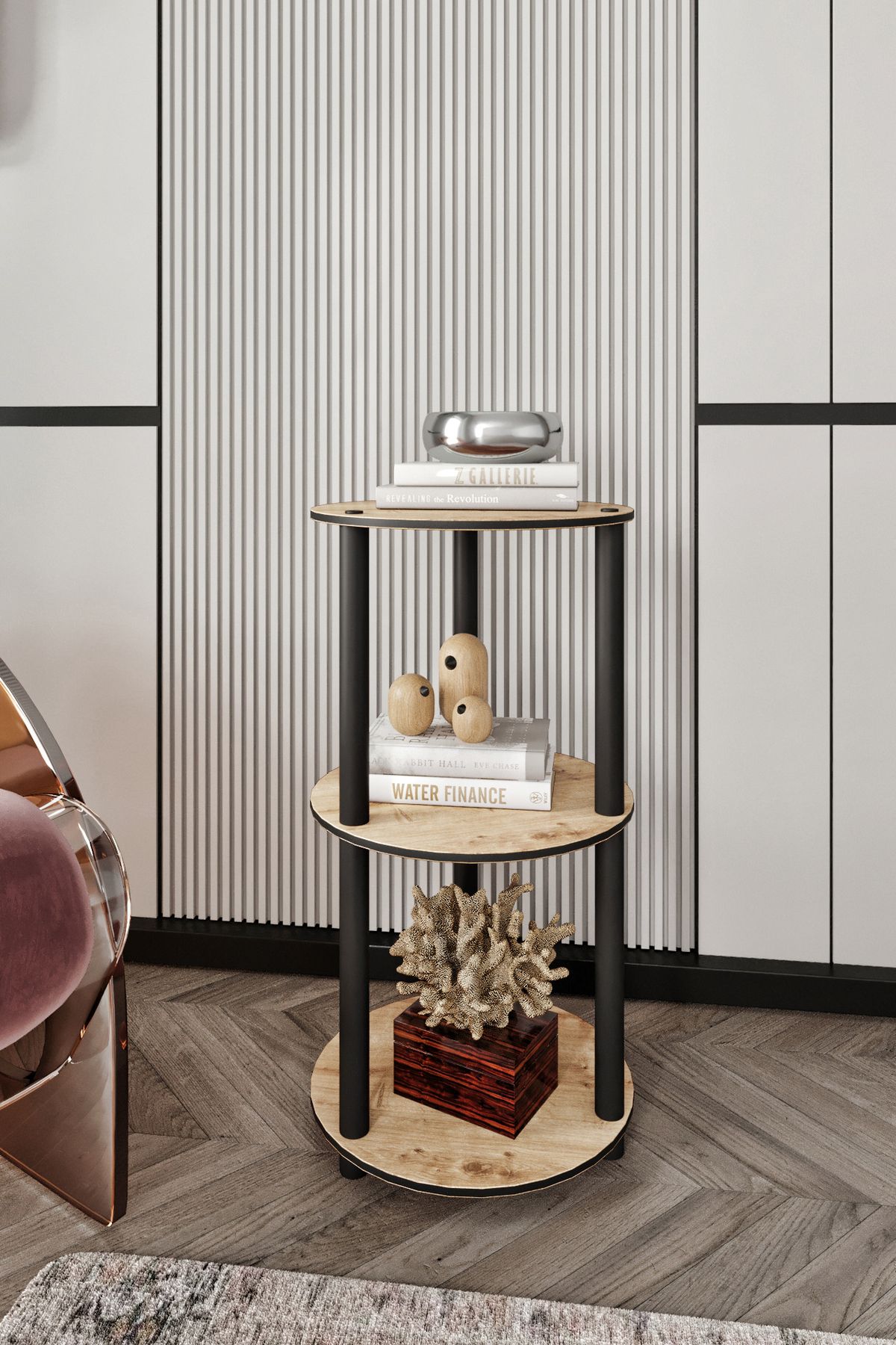 RC HOME Dekoratif 3 Raflı Yuvarlak Kitaplık