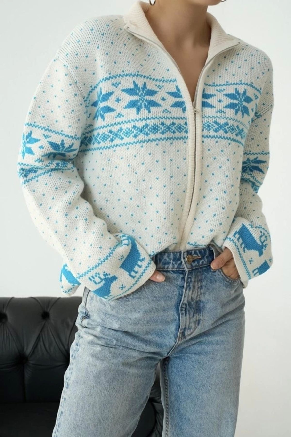 MODA Fermuarlı Yılbaşı Hırkası KremTurkuaz