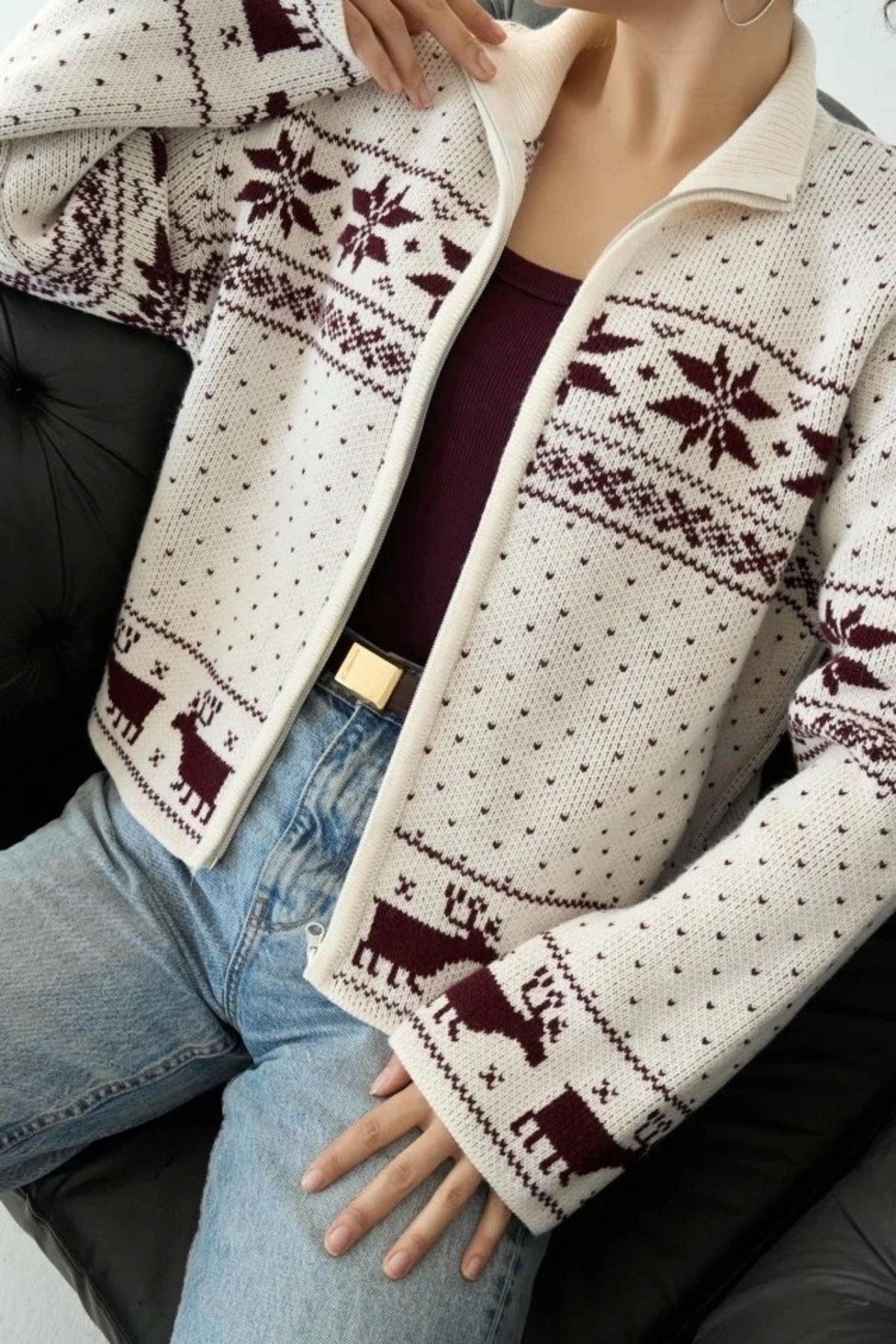 MODA Fermuarlı Yılbaşı Hırkası KremBordo