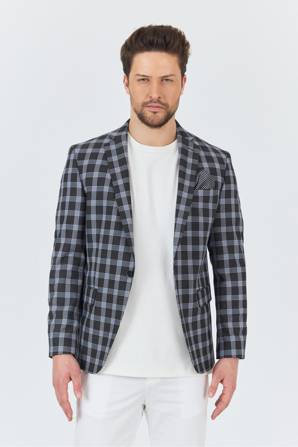 Frappoli-Riccardo Men's Anthracite Plaid Checked Polyviscon Fabric Slim Fit Sports Blazer Jacket 3