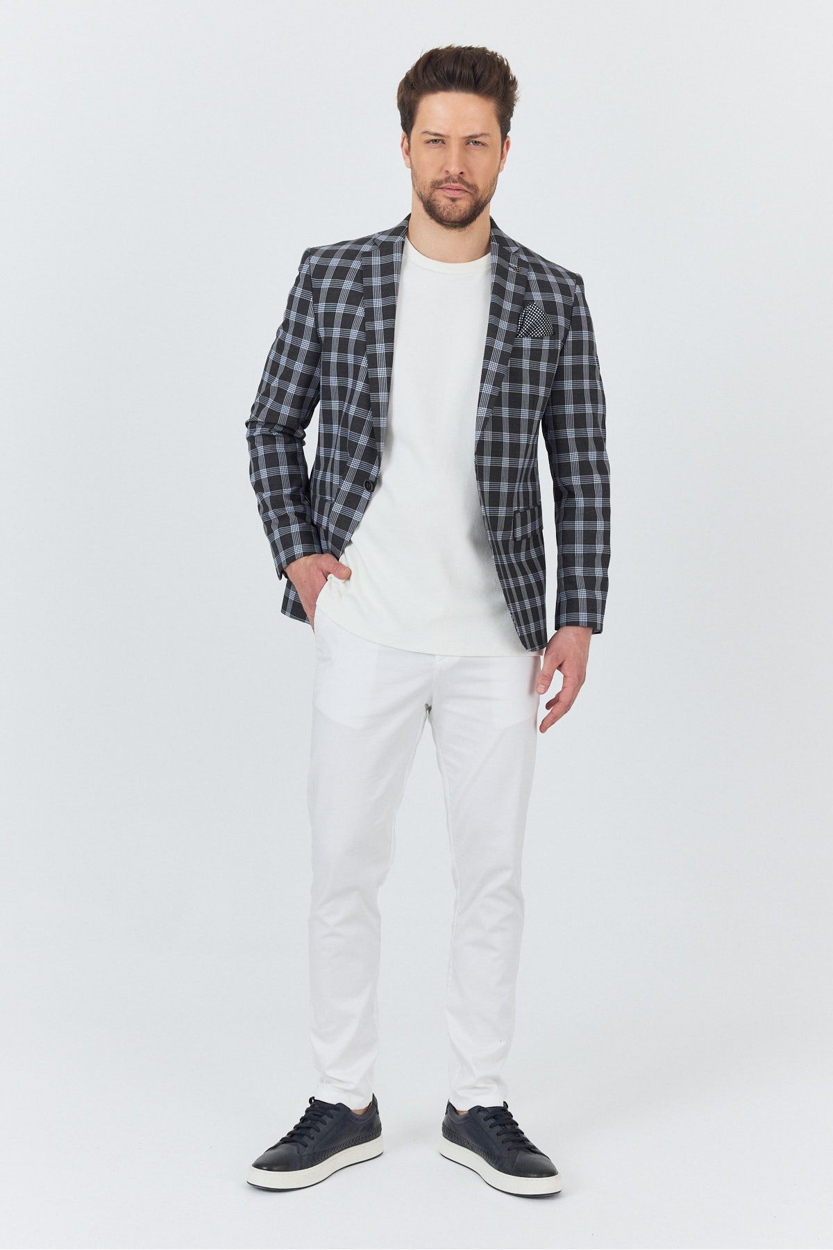 Frappoli-Riccardo Men's Anthracite Plaid Checked Polyviscon Fabric Slim Fit Sports Blazer Jacket 7
