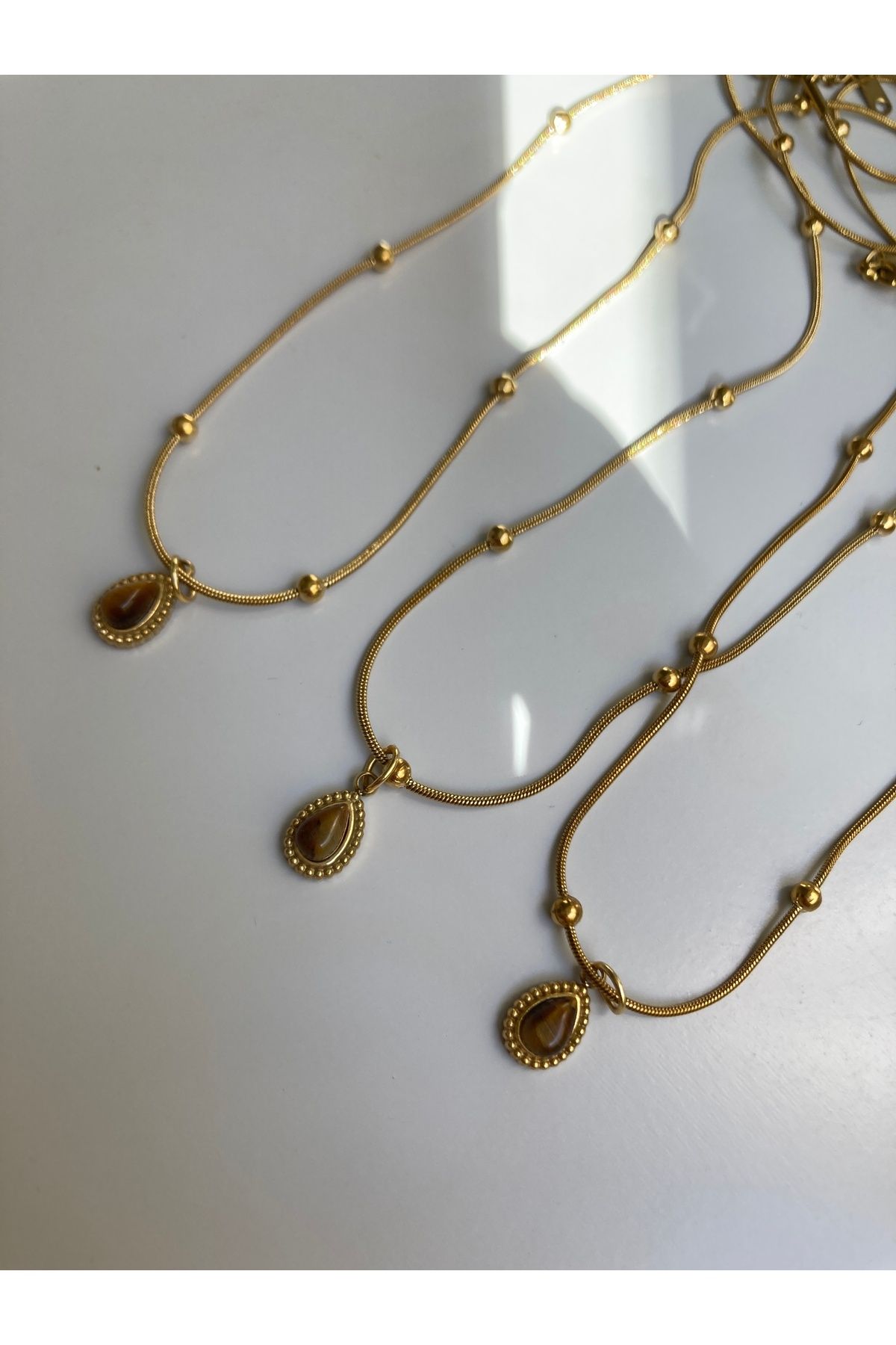 ırmco ÇELİK MİNİMAL KAHVERENGİ DOĞALTAŞ ANTİK KOLYE GOLD