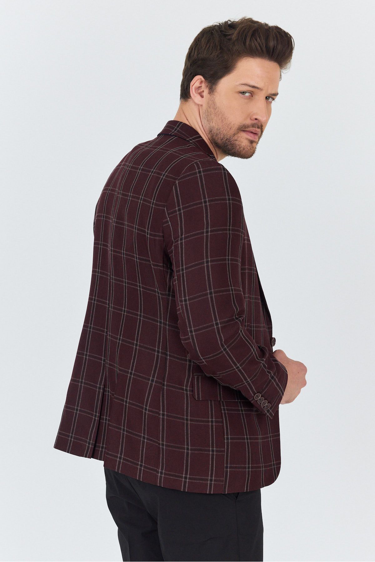 Frappoli-Sarmue Men's Burgundy Plaid Check Cotton Polyester Fabric Slim Fit Slim Fit Sports Blazer Jacket 4
