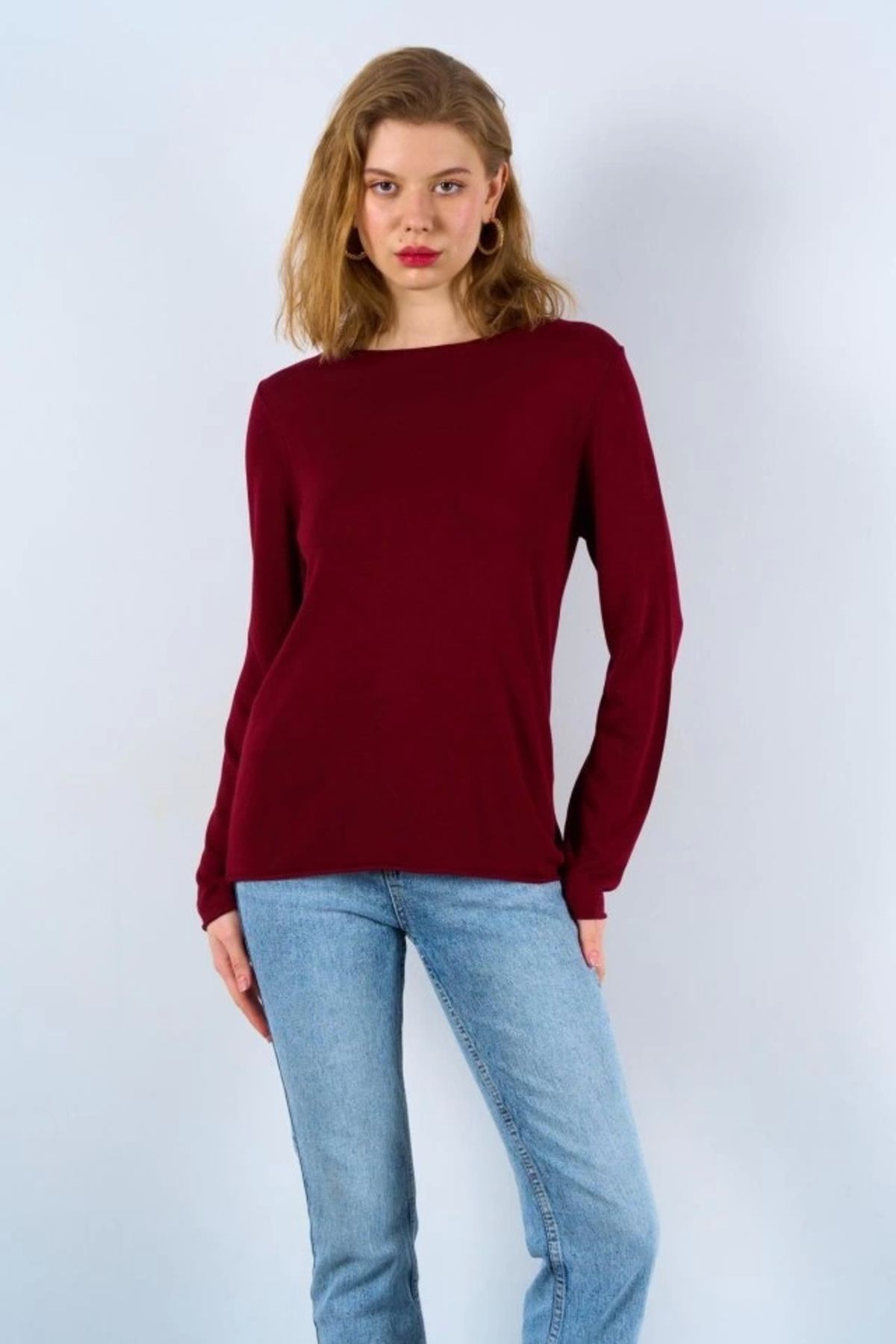 MODA Düz Açık Yaka Kazak Bordo