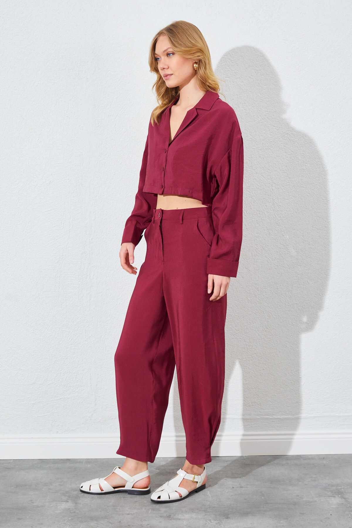 Paça Düğmeli Modal Kumaş Pantolon - Bordo | Mks661811-01