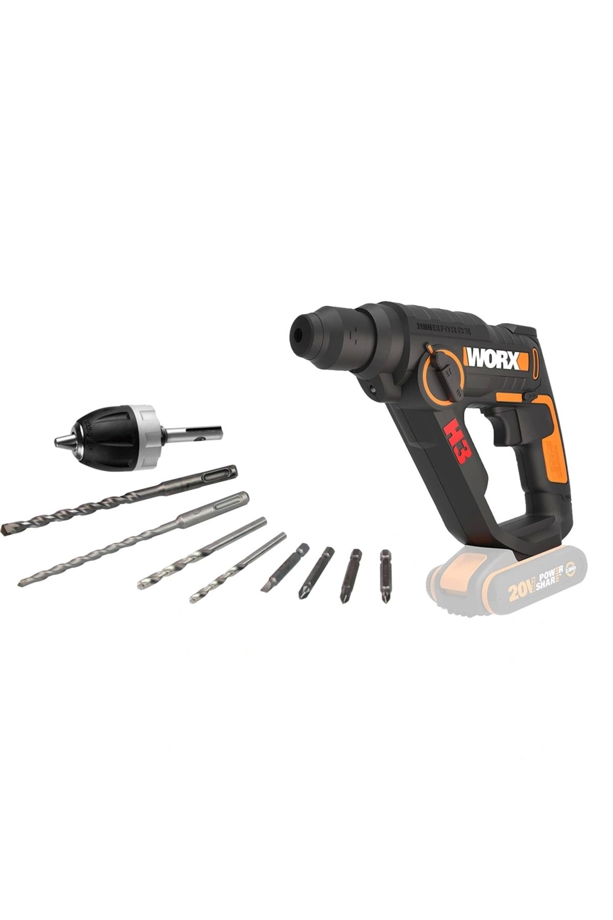 ShopNova WORX WX390.9 20Volt 1.2J Profesyonel SDS-Plus Pnömatik Şarjlı Matkap + 8 Adet Uç + Mandren (Akü Dahi
