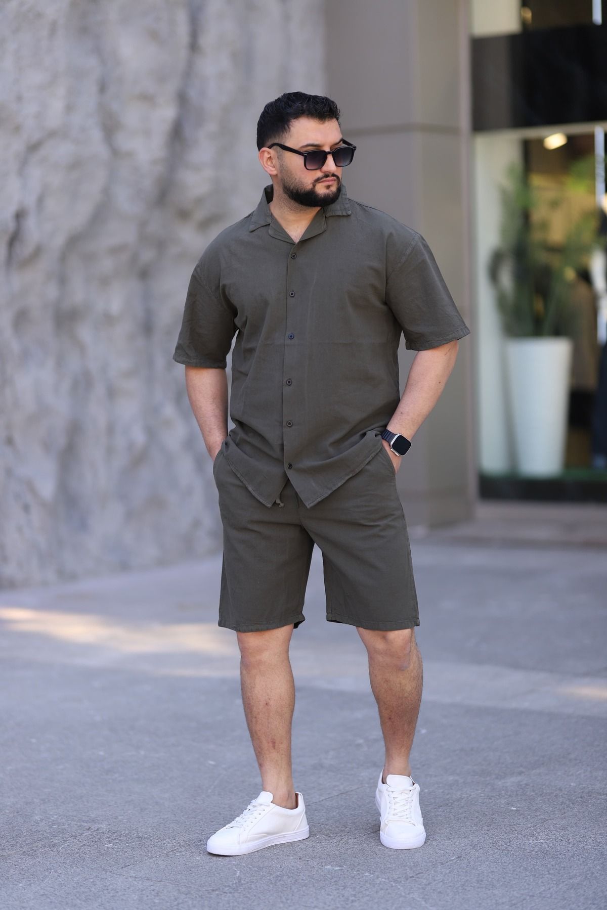 MYRAB DENİM Koyu Haki Renk Gömlek Şort Erkek Keten Takım Oversize Kalıp