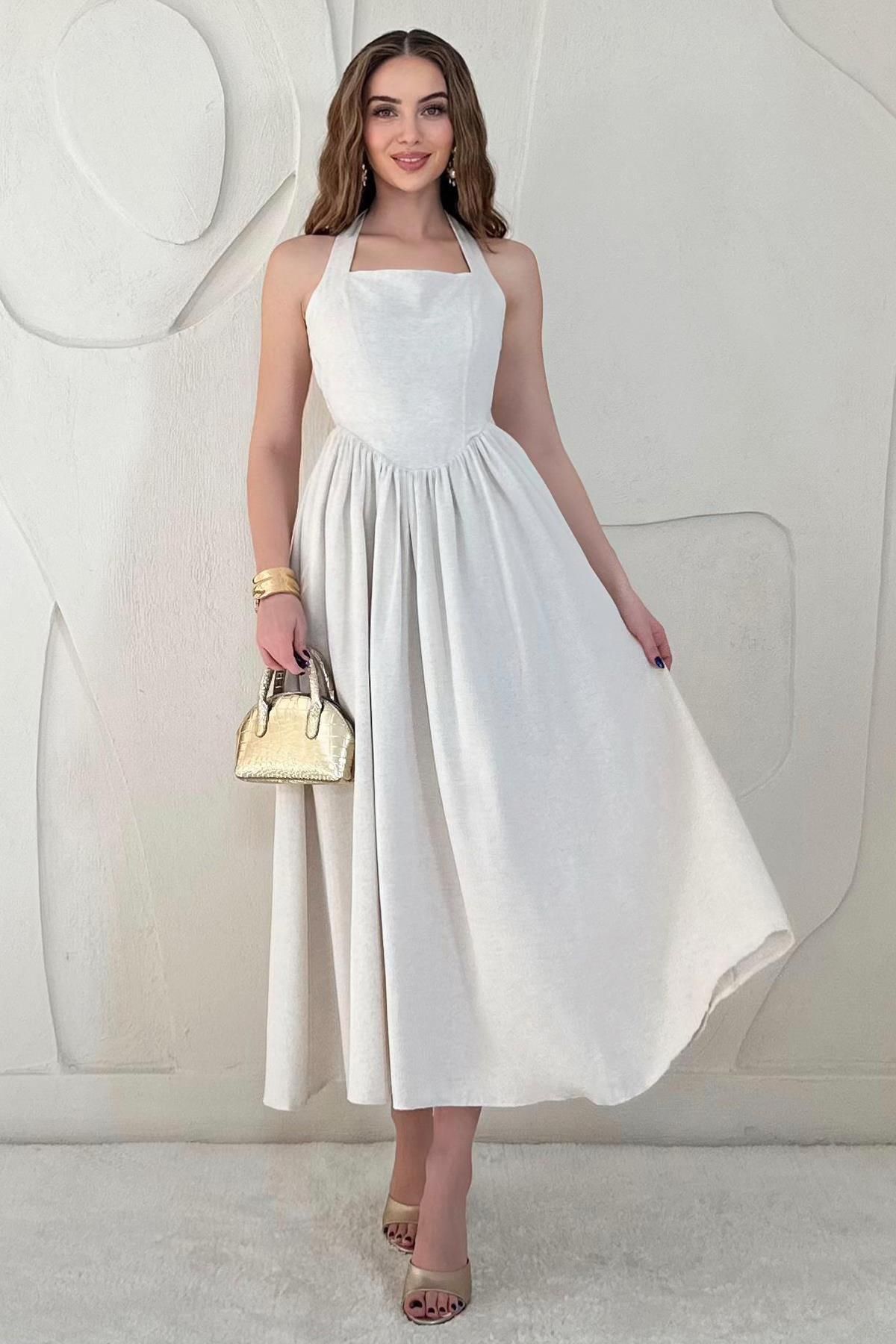 Elbee Fashion Woman Boyundan Bağlamalı Keten Elbise