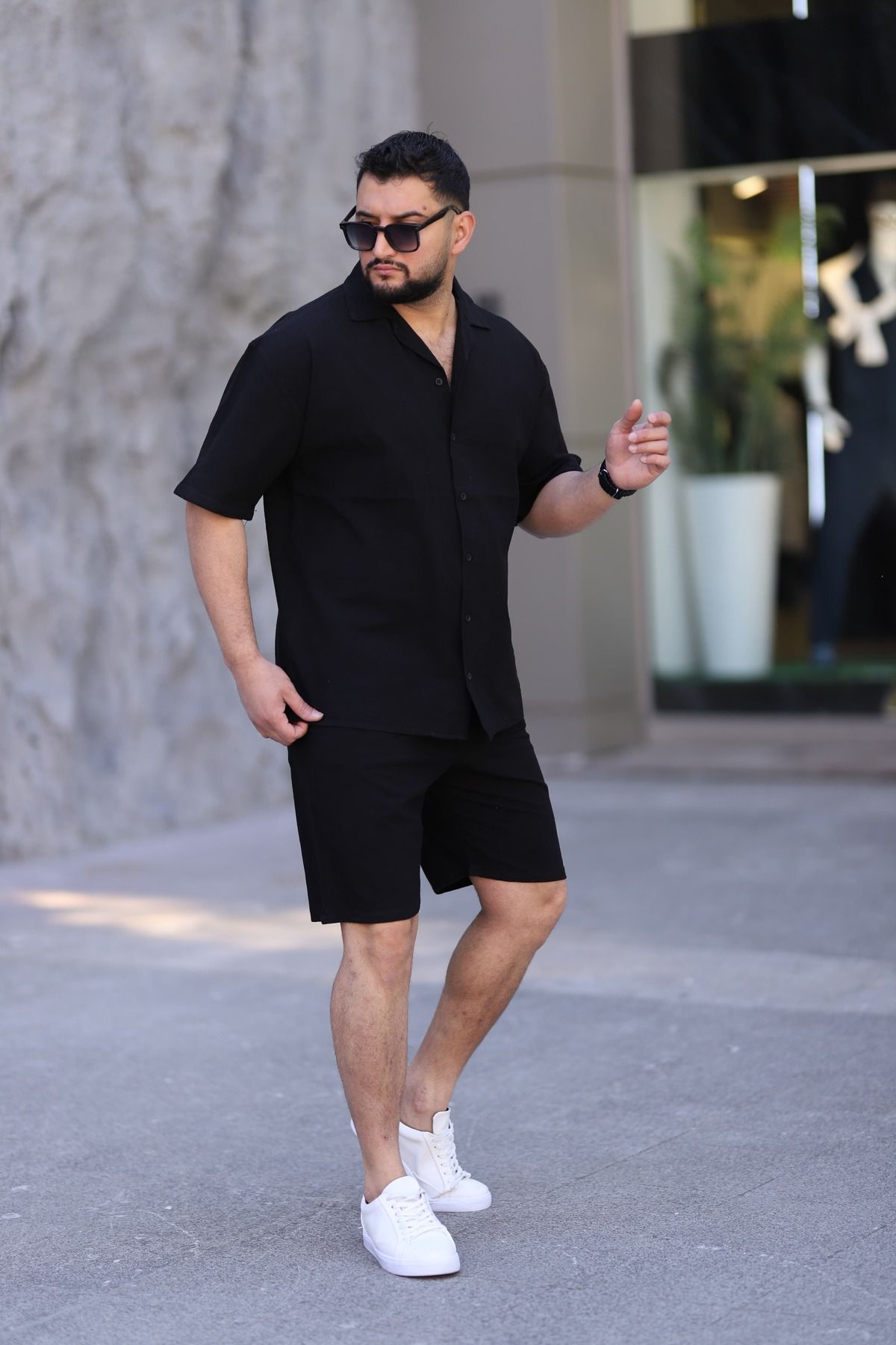 MYRAB DENİM Siyah Renk Gömlek Şort Erkek Keten Takım Oversize Kalıp