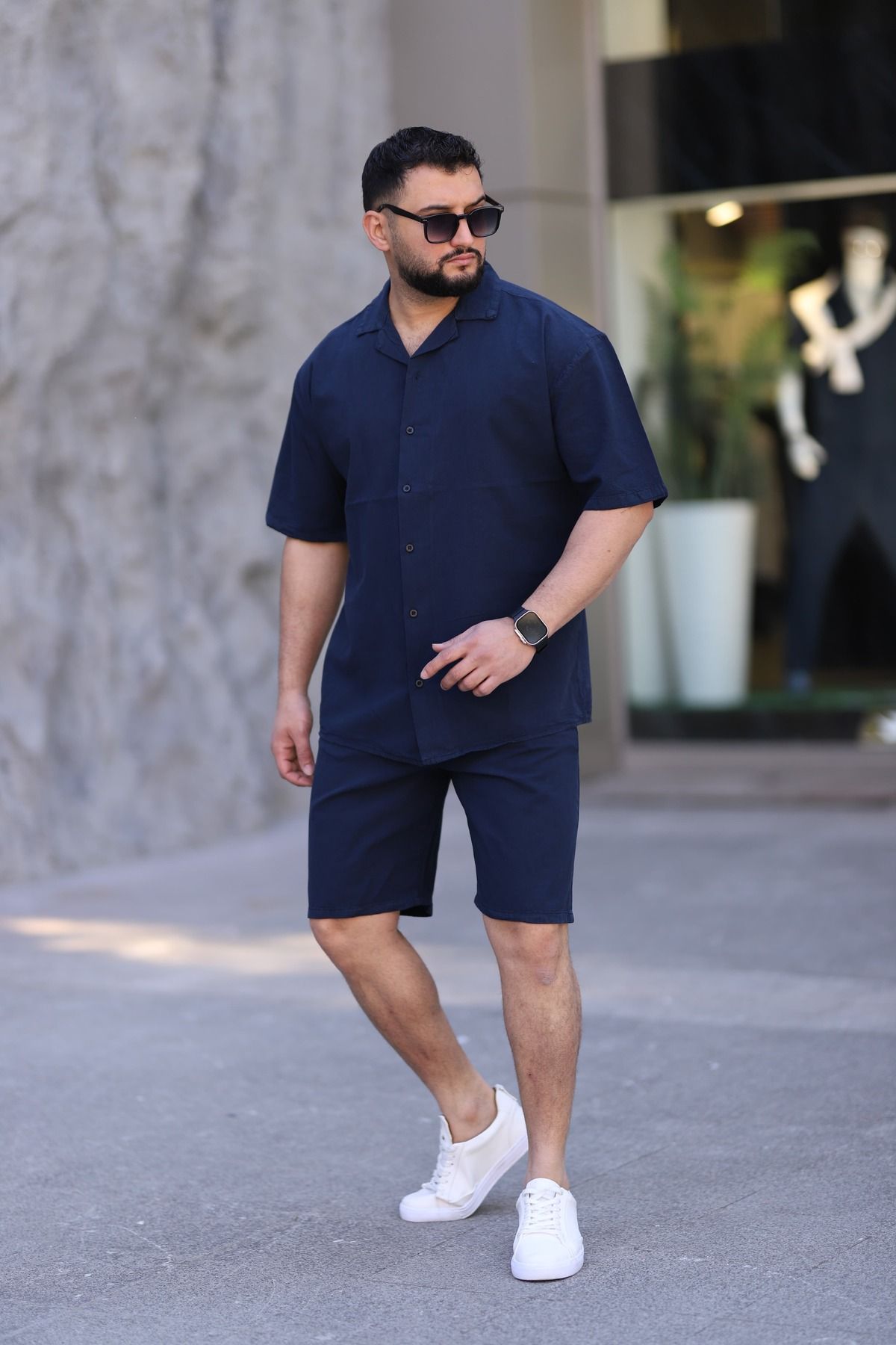 MYRAB DENİM Lacivert Renk Gömlek Şort Erkek Keten Takım Oversize Kalıp