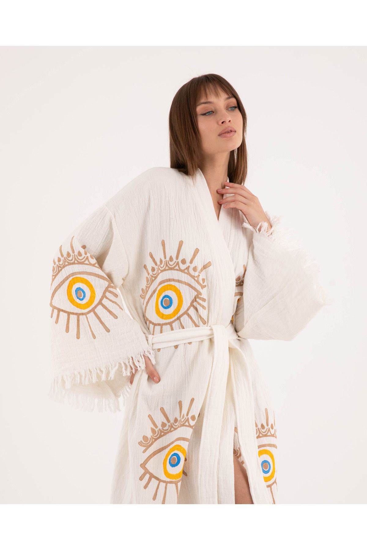 Nily Home Bornoz ,plaj Elbisesi Kimono , Kaftan ,sabahlık Altın Göz Desen Baskılı