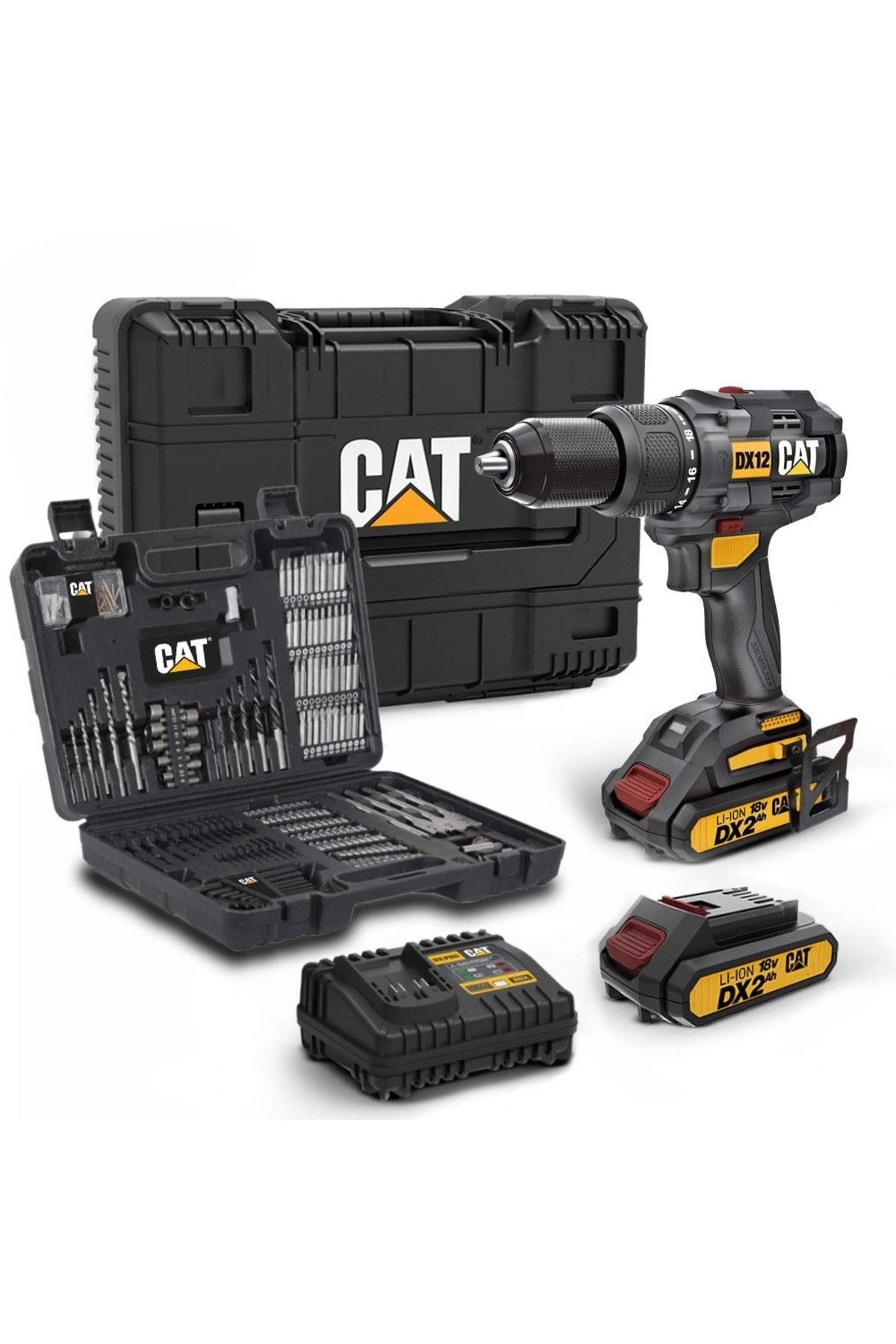 ShopNova CAT DX12SET 18Volt/2.0Ah Li-ion Çift Akülü Kömürsüz Profesyonel Darbeli Matkap+DA01903 201 Parça Del