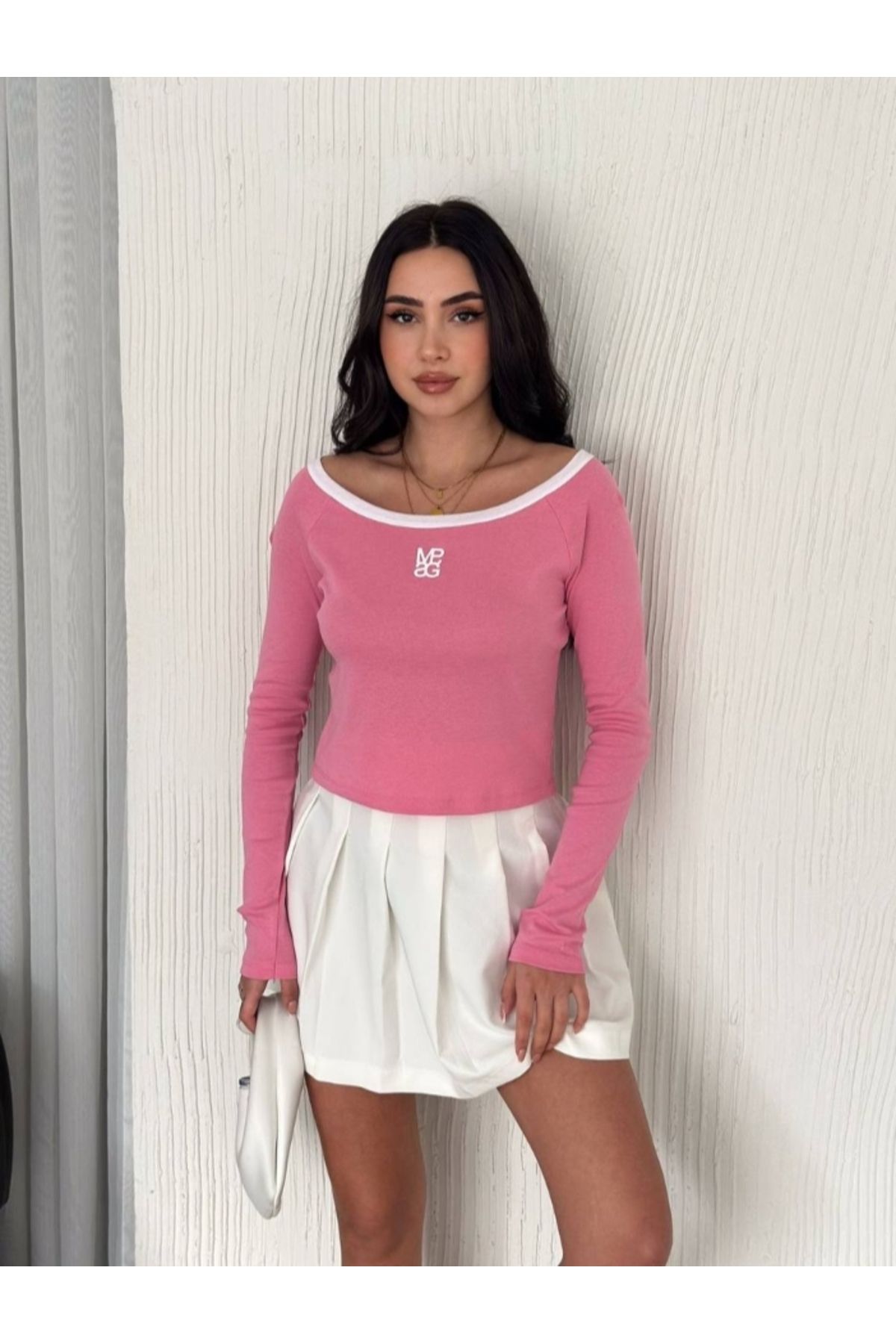 sümel butik Kayık Yaka Uzun Kol Pembe Bluz