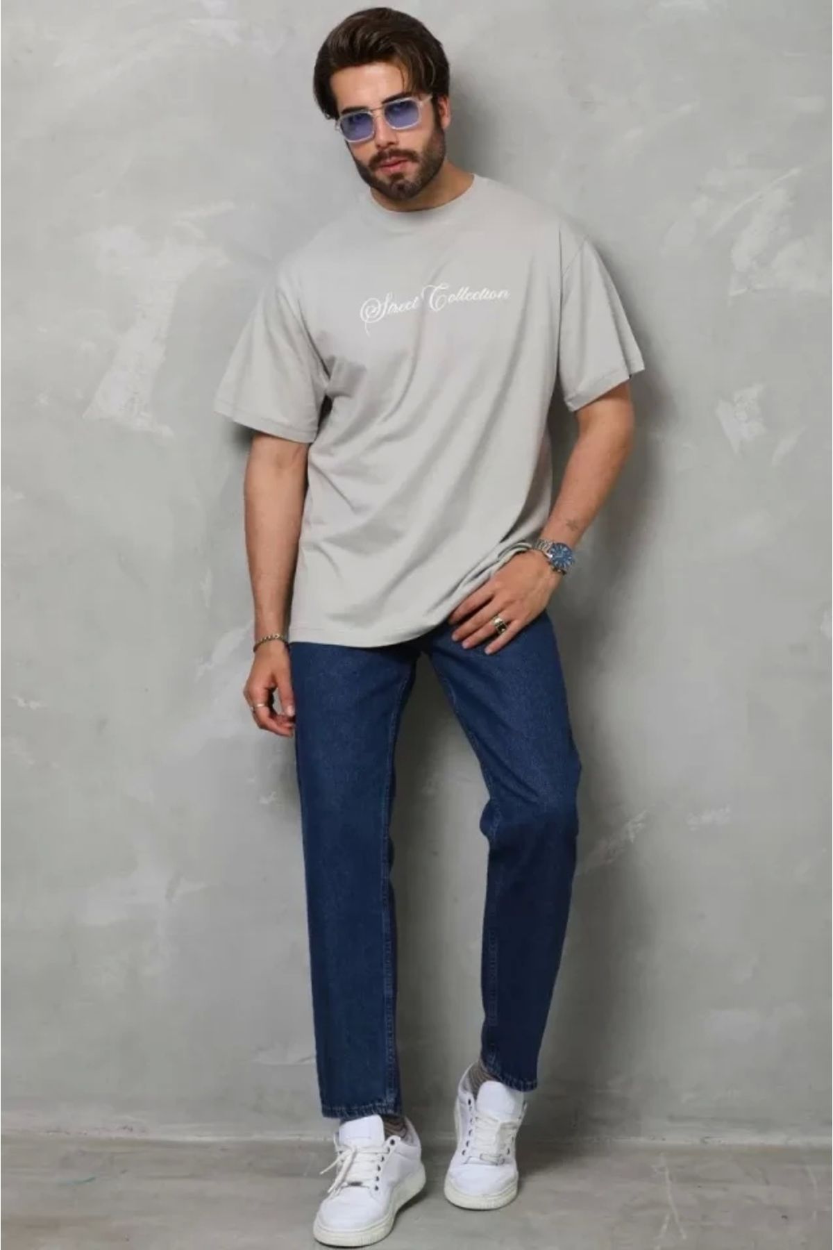 MODA Unisex Bisiklet Yaka Baskılı Oversize Thirt Gri