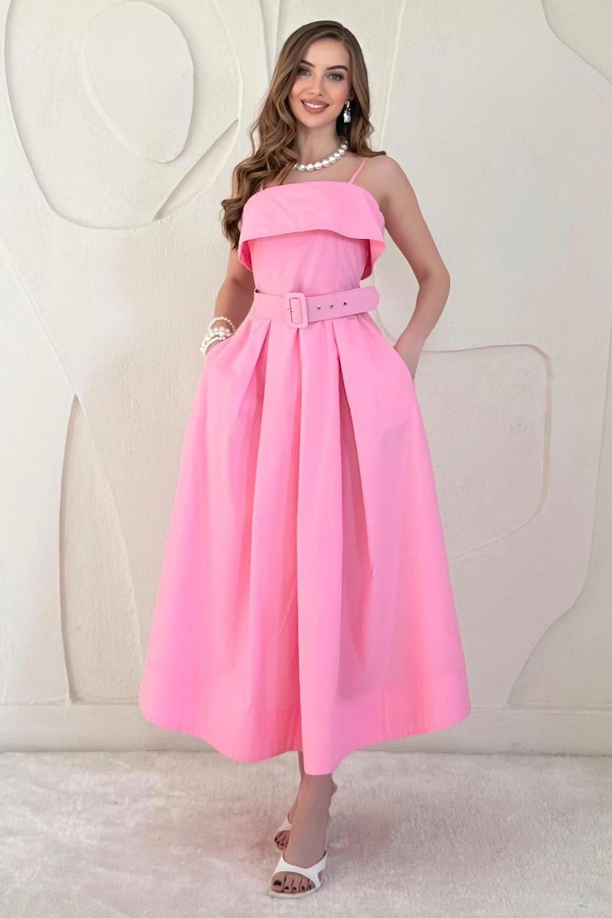 Elbee Fashion Woman Beli Kemerli Askılı Pileli Elbise