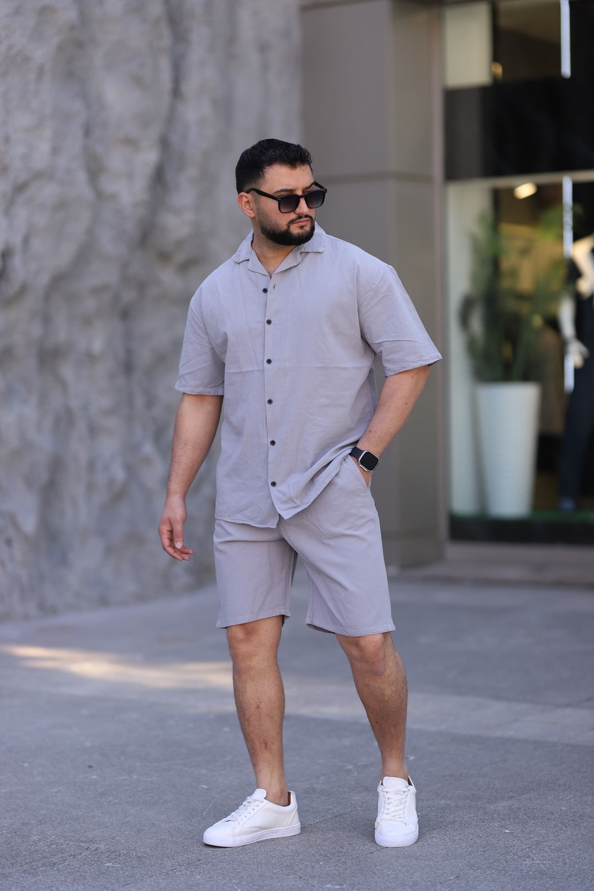 MYRAB DENİM Gri Renk Gömlek Şort Erkek Keten Takım Oversize Kalıp