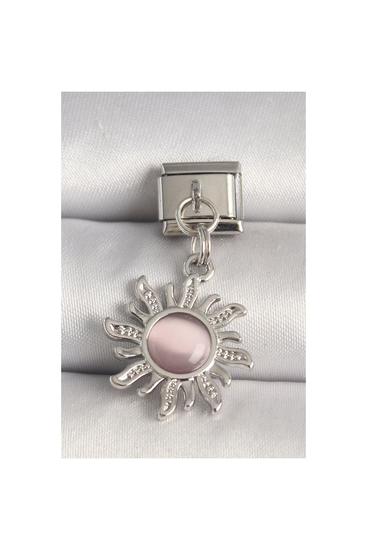 maarketim 316L Çelik Gümüş Renk Pembe Mineli Güneş Model Nomination Charm