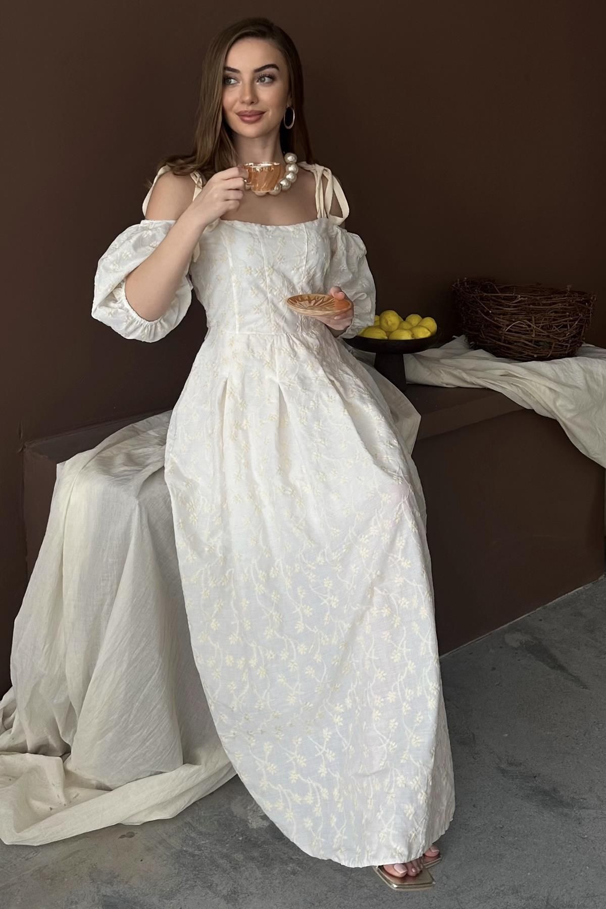 Elbee Fashion Woman Balon Kol Detaylı Omuz Bağlamalı Brode Elbise