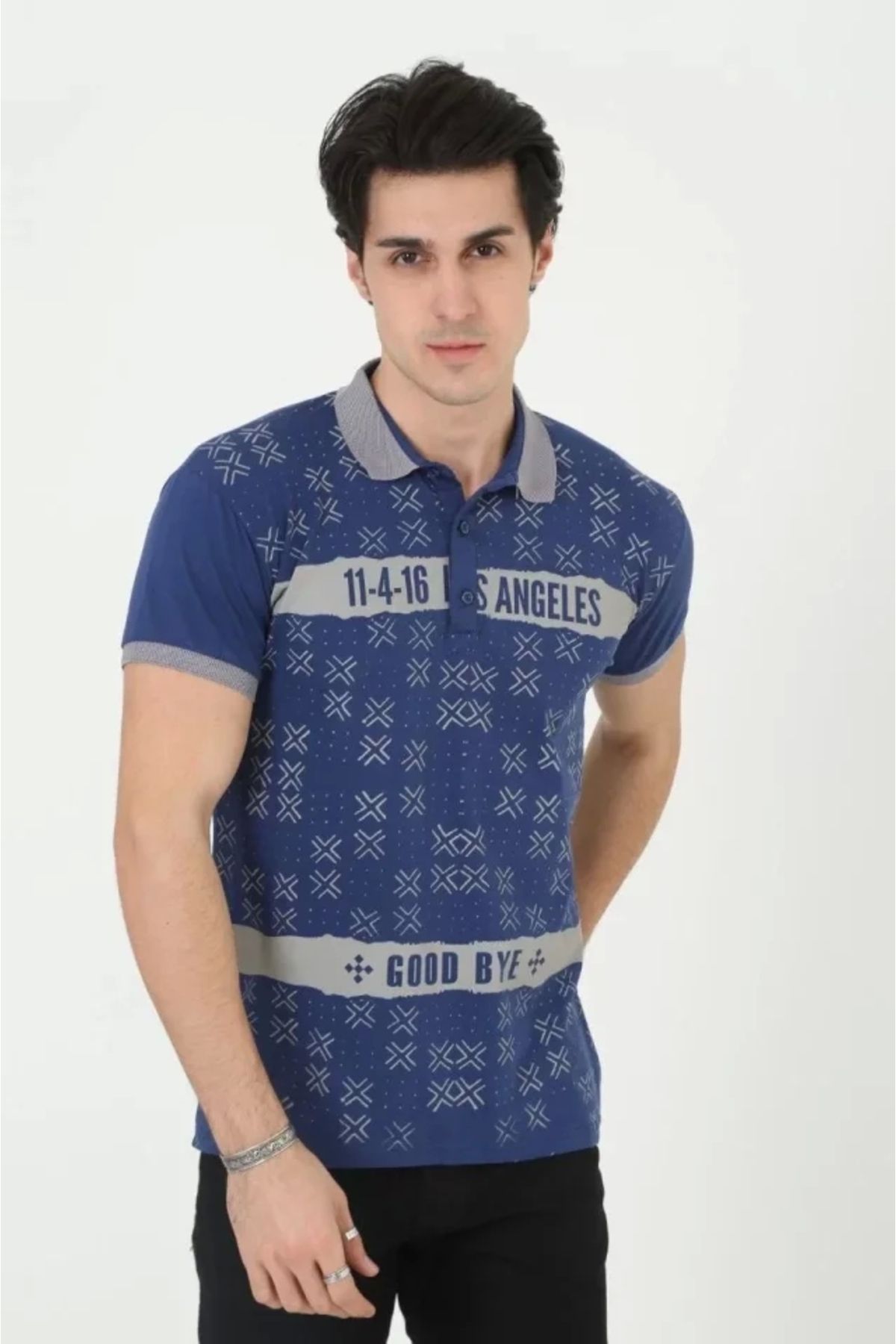 MODA Erkek Yakalı lim Fit Baskılı Thirt avi