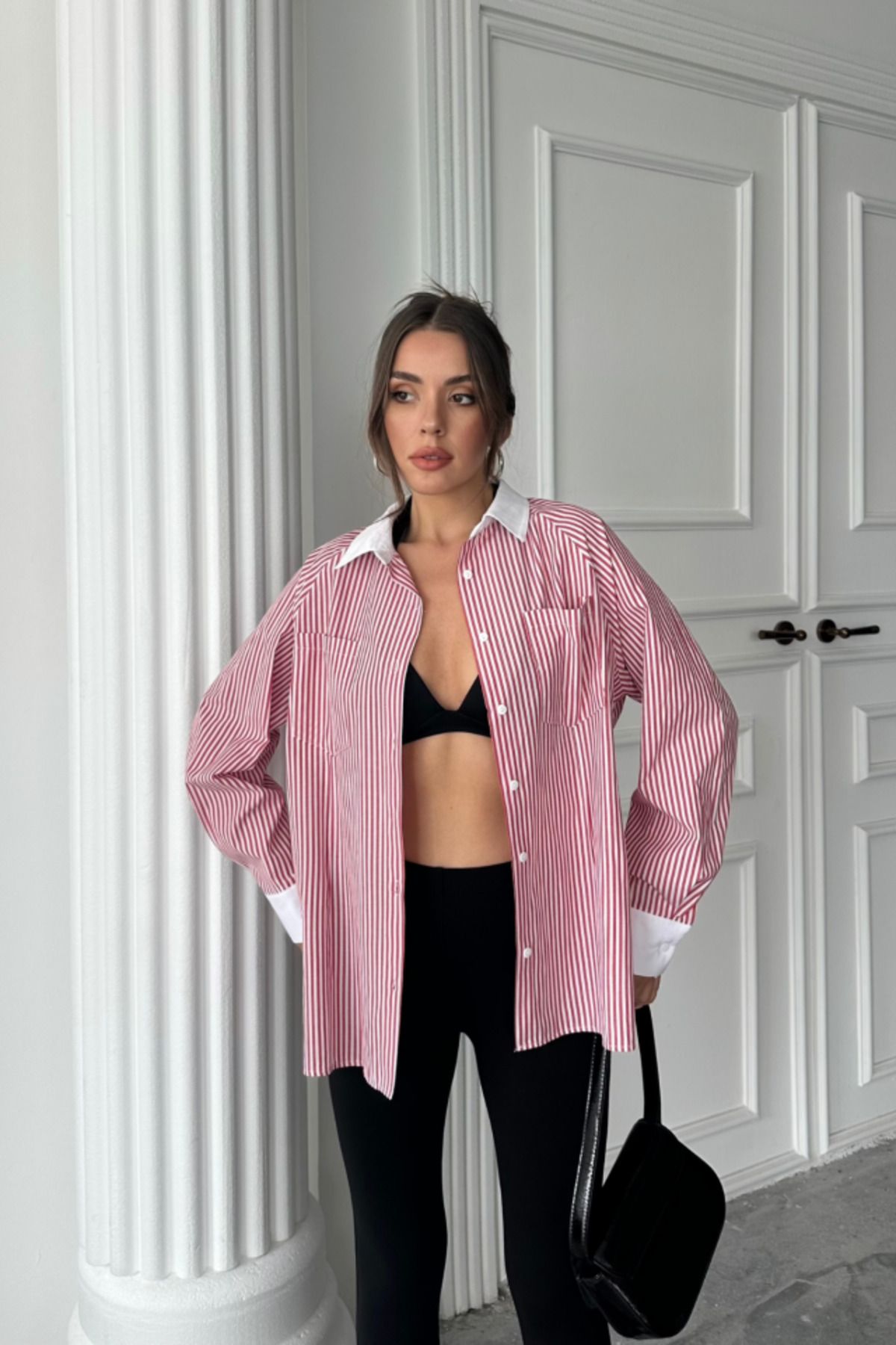 VELİZADE Yaka ve Manşet Detaylı Bordo Beyaz Çizgili Oversize Kadın Poplin Gömlek