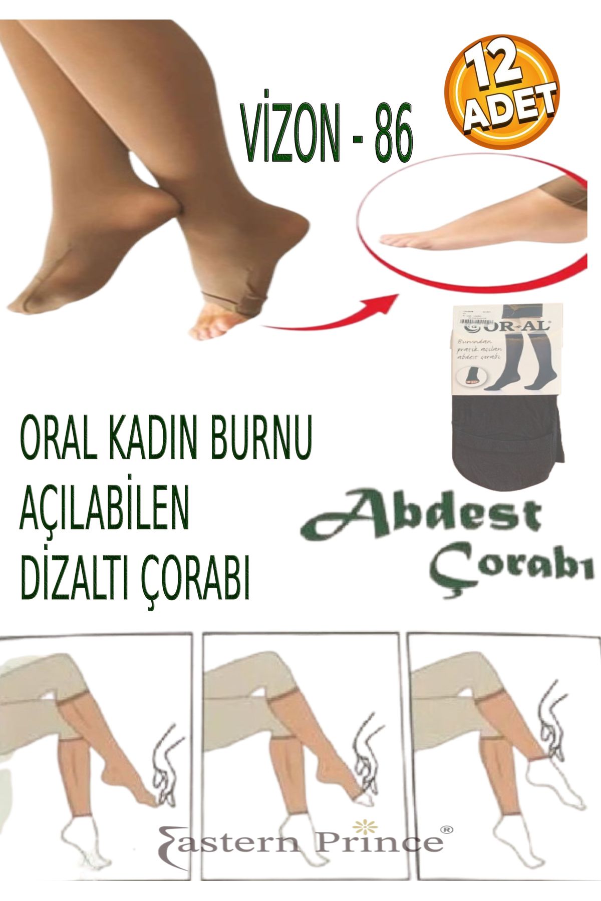 OR-AL Oral Kadın Diz Altı Burundan Pratik Açılan Abdest Çorabı 12 Adet Teni Göstermez 4 Mevsim