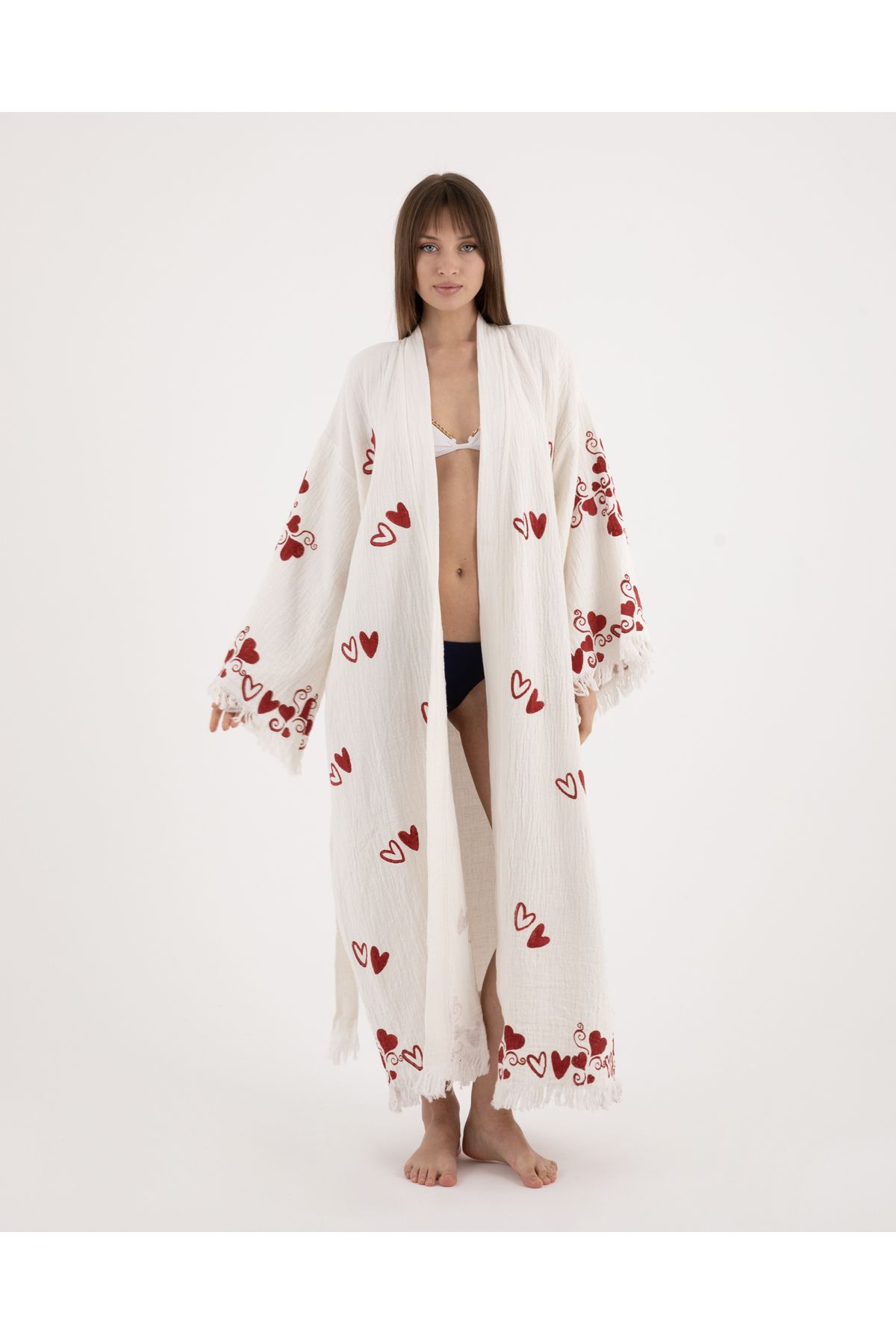 Nily Home Bornoz ,plaj Elbisesi Kimono , Kaftan ,sabahlık Kırmızı Kalp Desen Baskılı