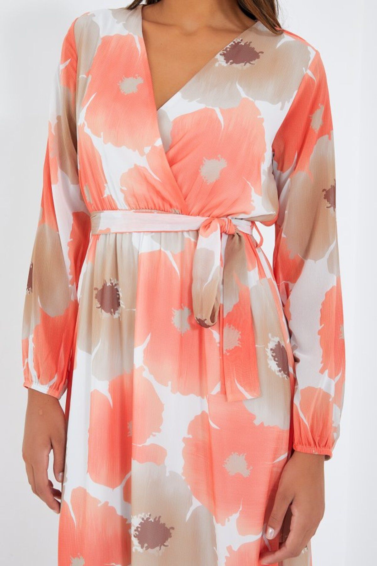 modaserdem-Orange Beige Floral Patterned Chiffon Dress 2134 4