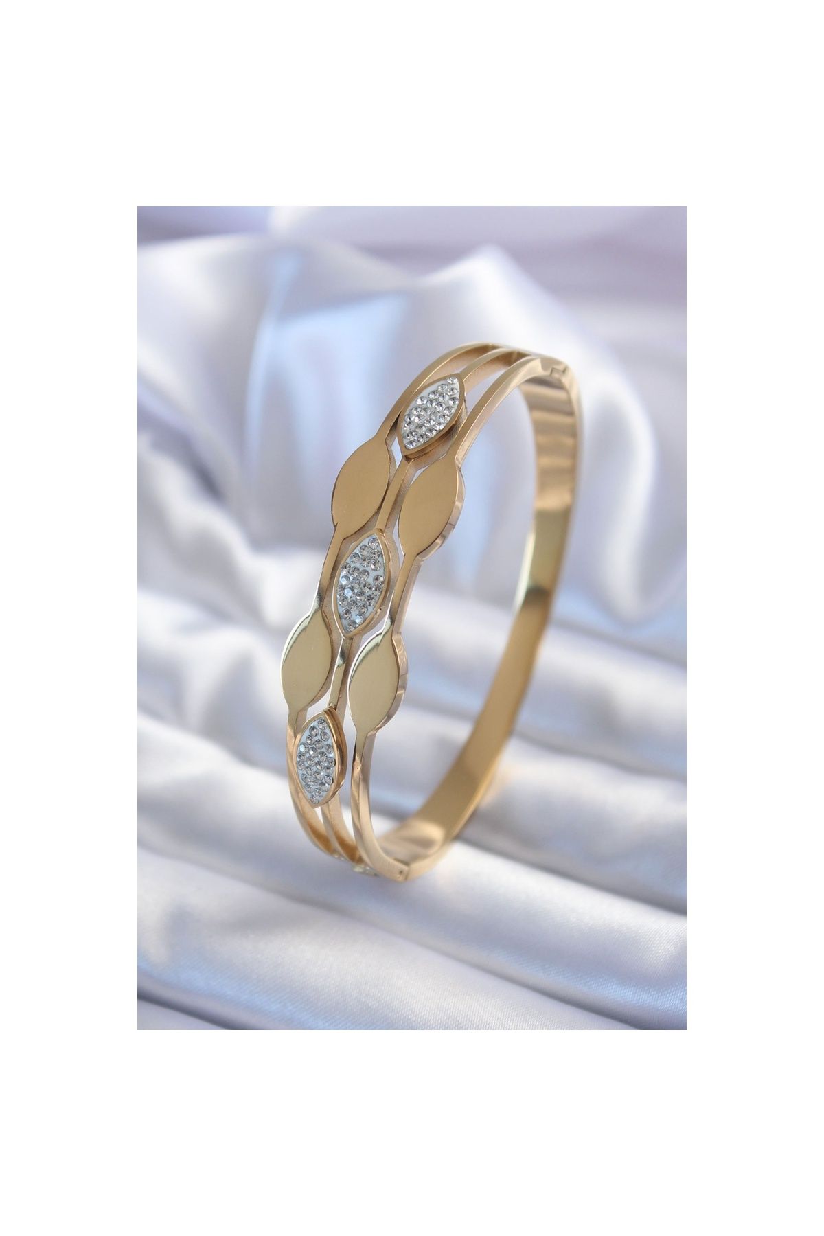 maarketim 316L Çelik Gold Renk Arpa Model Zirkon Taş Detay Kadın Kelepçe Bileklik