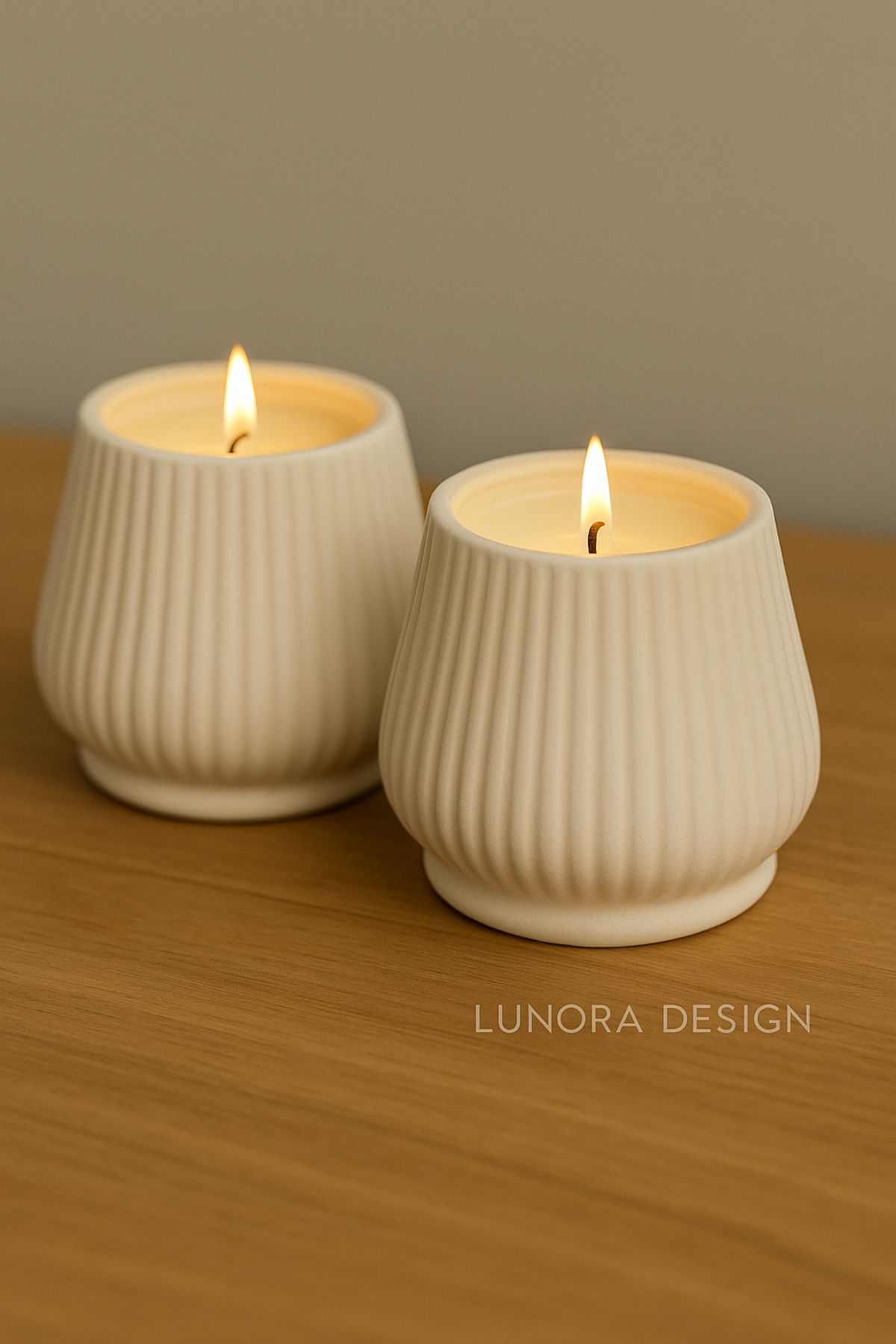 Lunora Design Dikey Çizgili Silindirik 2’li Dekoratif Mumluk Seti - Beyaz| Lunora Design