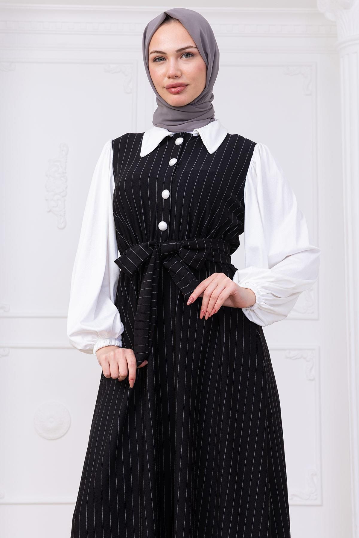 hafsamina Kol Garnili Çizgili Tesettür Elbise Siyah HM2740