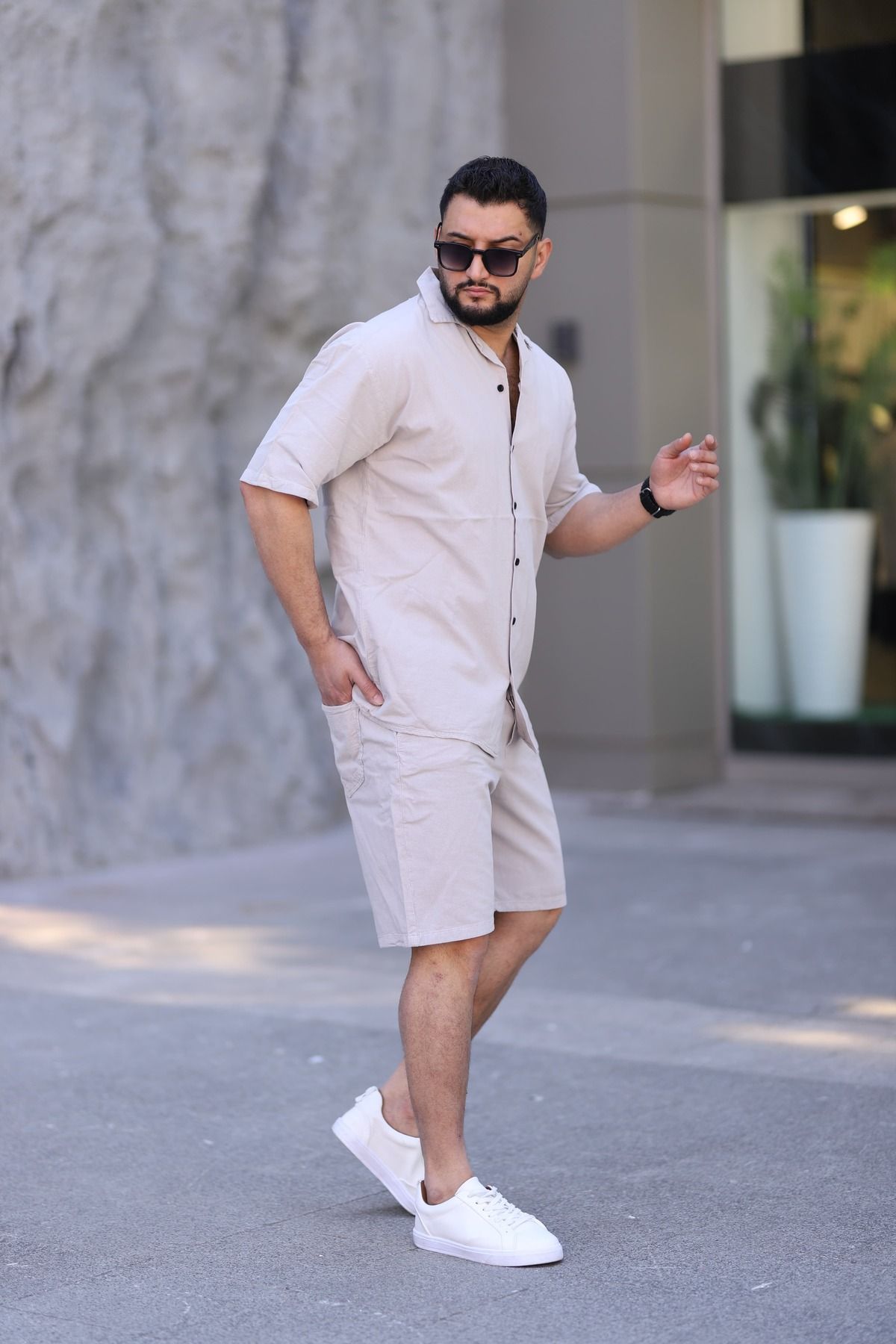MYRAB DENİM Taş Renk Gömlek Şort Erkek Keten Takım Oversize Kalıp