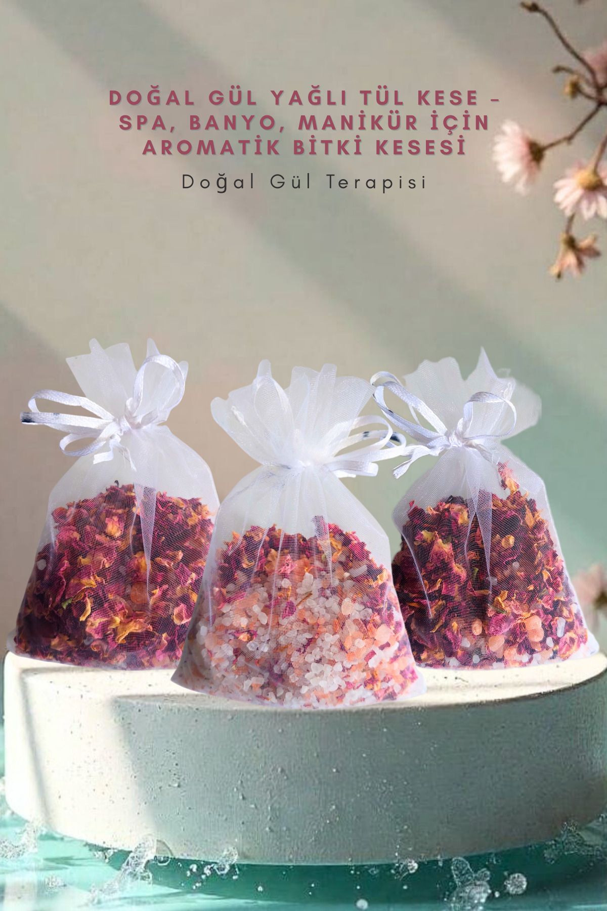 MUMYABİ 3’lü Büyük Doğal Gül Yağlı Tül Kese 3 x 150 gr –Spa,Manikür,Banyo ve Aromaterapi İçin Bitki Kesesi