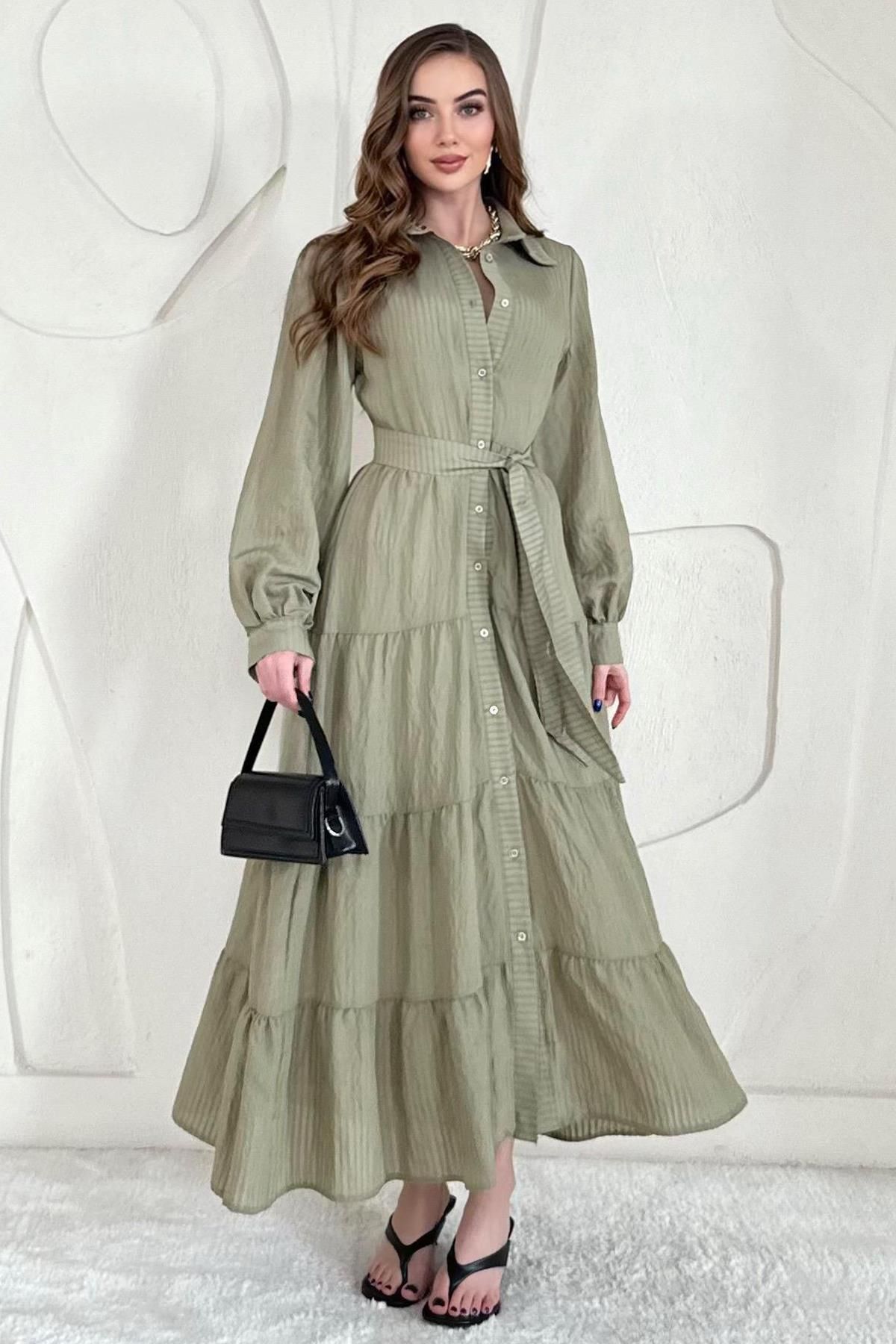 Elbee Fashion Woman Modal Jakar Çizgili Uzun Elbise