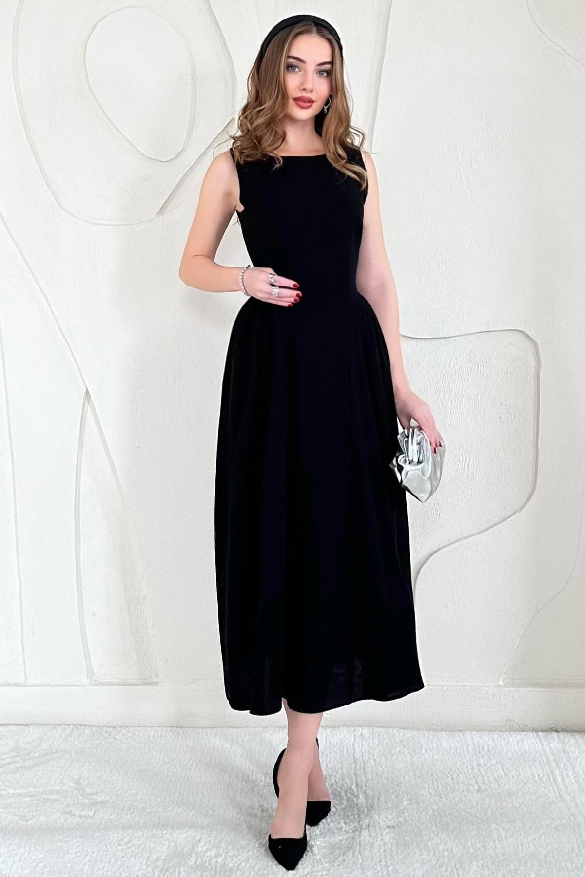 Elbee Fashion Woman Midi Boy Basic Keten Elbise