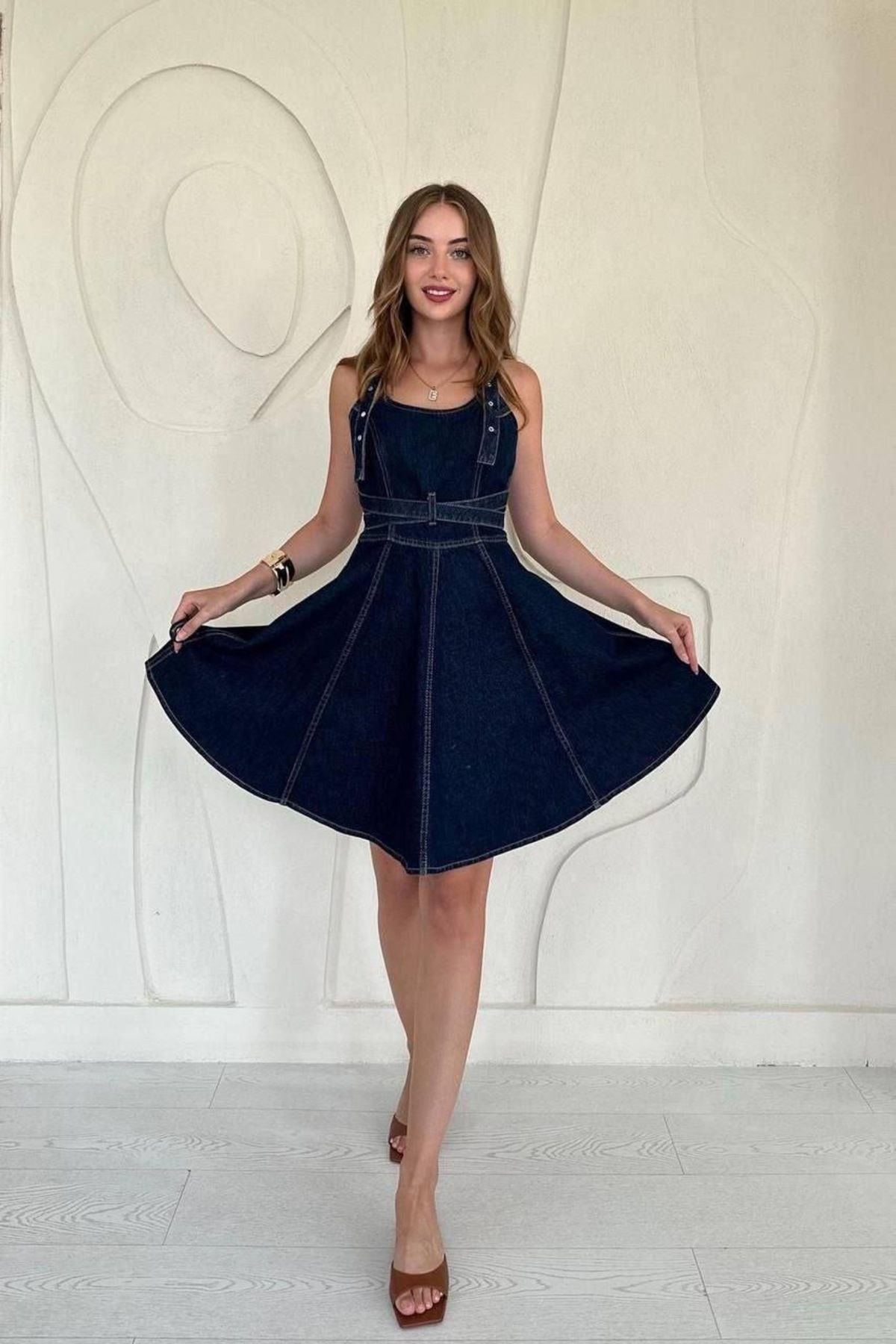 Ekim Store Lacivert Askılı Bağcıklı Denim Elbise