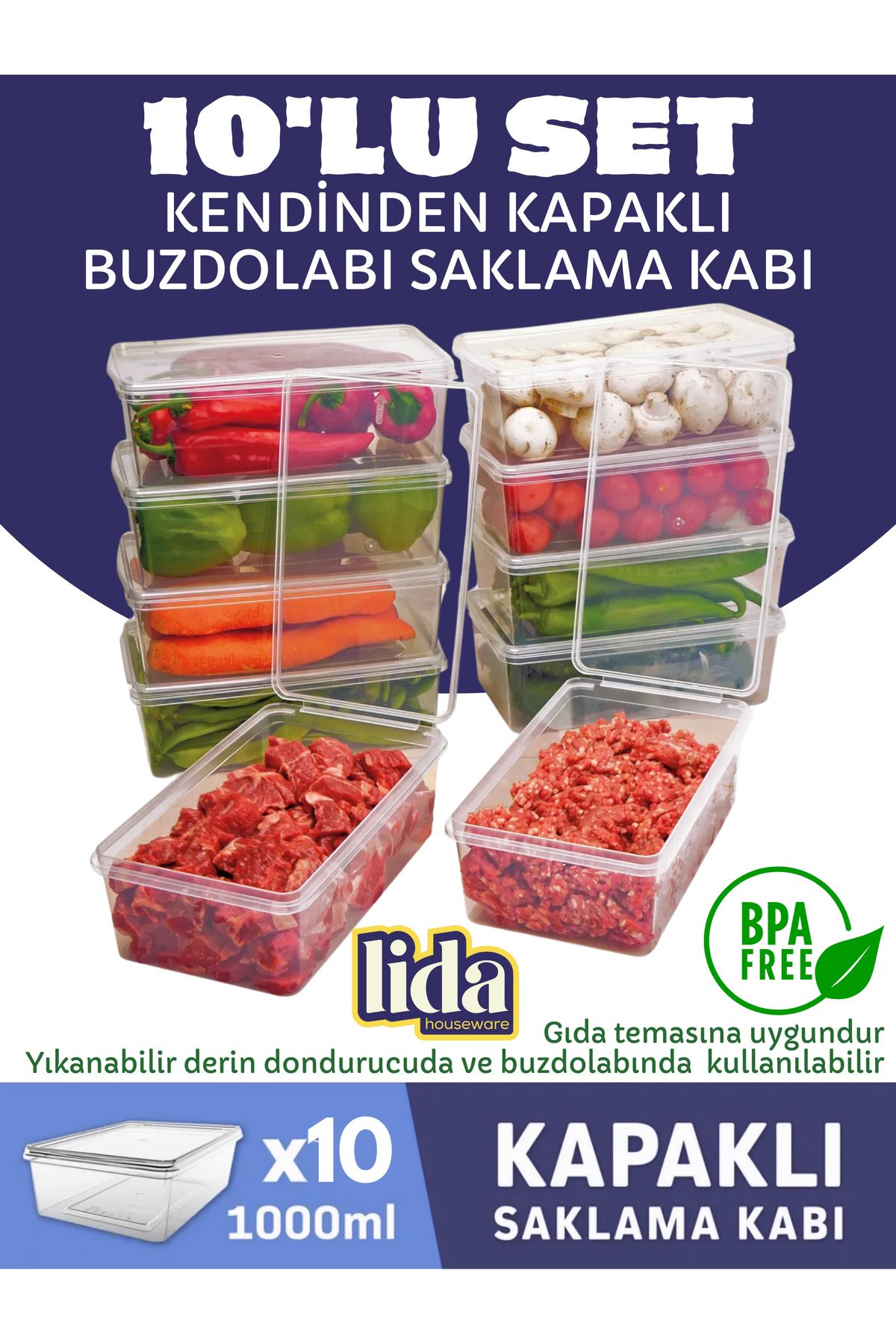 Lida Houseware Plastik Saklama Kabı 1 Litre 10 Adet - Kendinden Kapaklı Dondurucu Kabı Hava Almaz