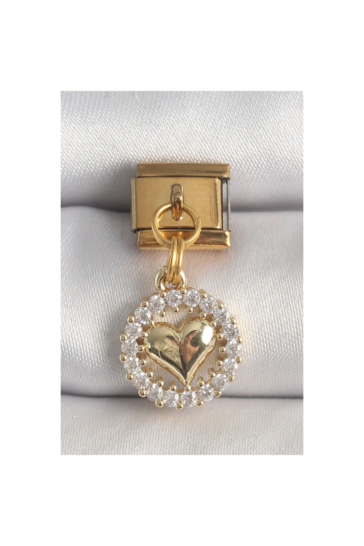 maarketim 316L Çelik Gold Renk Sallantı Zirkon Taşlı Kalp Model Nomination Charm