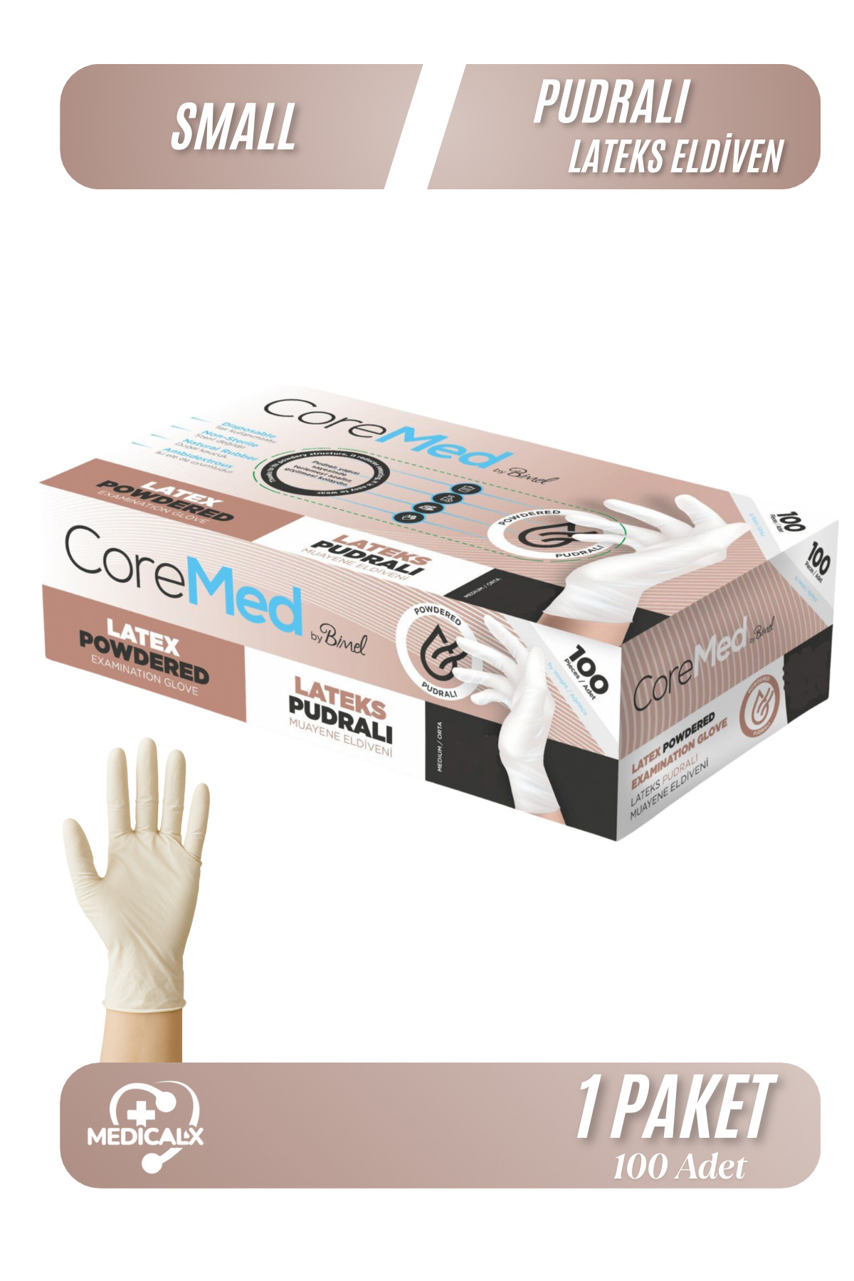 Medicalx Coremed Pudralı Lateks Muayene Eldiveni 100’lü Paket - Small ...