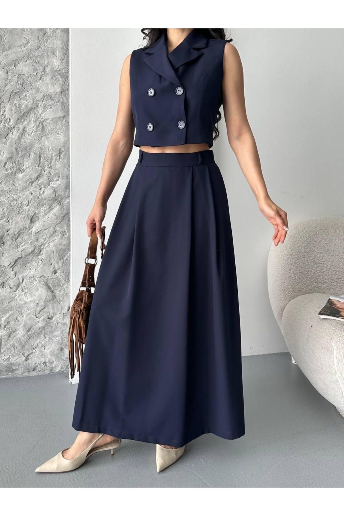 Ekim Store Düğmeli Kruvaze Yaka Ikili Blazer Yelekli Etekli Takım